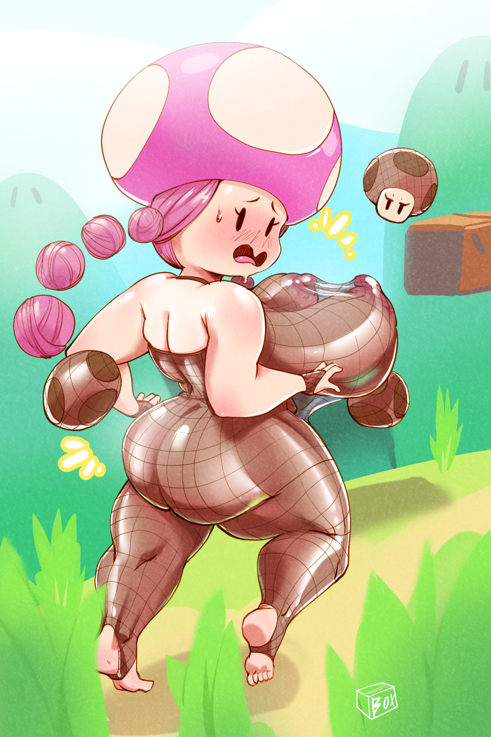 ass, blush, box chan, breasts, feet, female, female focus, female only, fishnets, huge breasts, looking back, mario (series), mushroom, nipples, open mouth, outdoors, solo, solo female, solo focus, super mario bros., toadette, twintails