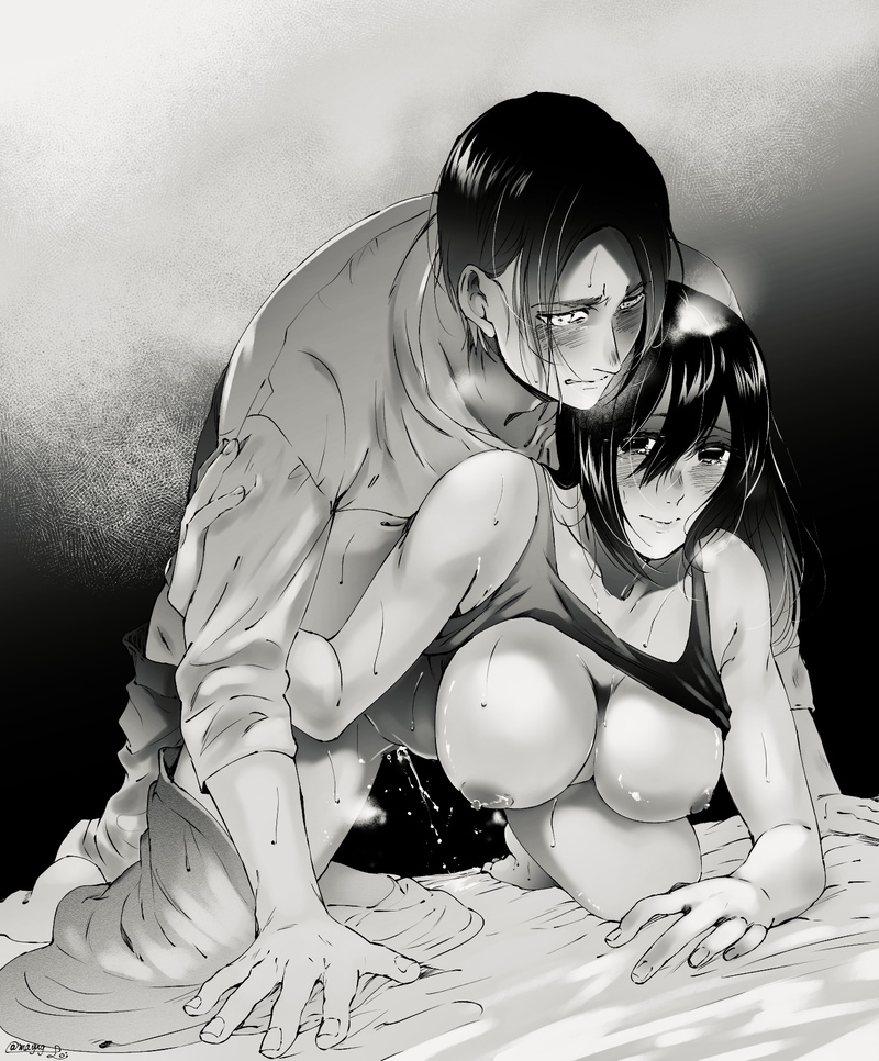 1boy, 1girls, attack on titan, big breasts, black and white, black hair, black-haired female, blush, breasts, clothed sex, couple, couple (romantic), couple art, couple focus, couple love, couple sex, duo, duo focus, eren jaeger, female, female penetrated, female/male, from behind, intimacy, intimate, light skin, light-skinned male, lovers, loving couple, loving sex, making love, male, male penetrating female, male/female, mikasa ackerman, nipples, partially clothed, passionate, passionate couple, passionate sex, penetration, penetration from behind, romance, romantic, romantic ambiance, romantic couple, romantic sex, sensual, sex, sex from behind, shingeki no kyojin, short hair, short-haired female, straight, straight sex, tank top, wholesome, wholesome sex