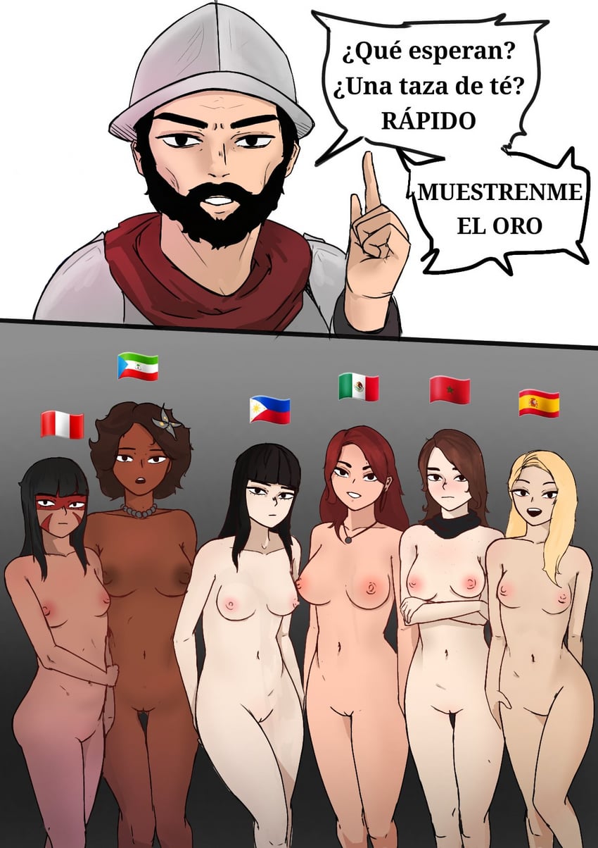 1boy 2_panel_comic 5:7 6girls colonialism dark-skinned_female dark_skin female filipino_flag harem history human human_only interracial interracial_harem latin_america light-skinned_female light_skin male mexican_flag mexico multiple_girls national_personification peru peruvian_flag philippines spain spanish spanish_dialogue spanish_empire spanish_flag spanish_text talking_to_another text translated translation_request