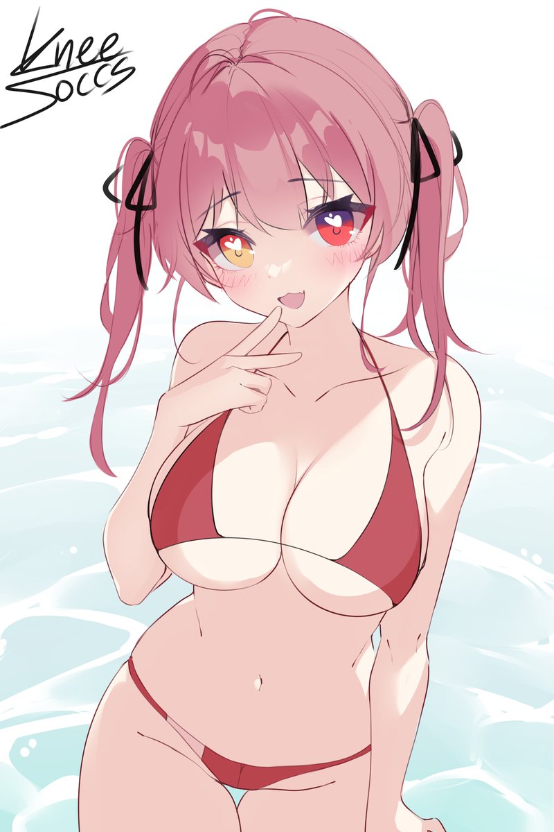 artist name, bikini, black ribbon, blush, breasts, female, finger to mouth, hair ribbon, heart, heart-shaped pupils, heterochromia, highres, hololive, hololive fantasy, hololive japan, houshou marine, houshou marine (4th costume), kneesoccs, large breasts, long hair, looking at viewer, official alternate costume, open mouth, red bikini, red eyes, red hair, ribbon, smile, solo, string bikini, swimsuit, symbol-shaped pupils, twintails, underboob, virtual youtuber, water, white background, yellow eyes