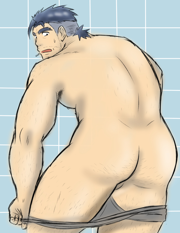 1boy ass backsack bara butt gammei_(live_a_hero) live-a-hero locker_room male_only muscular_male pulling_down_pants pulling_underwear shower solo_male tiles underwear