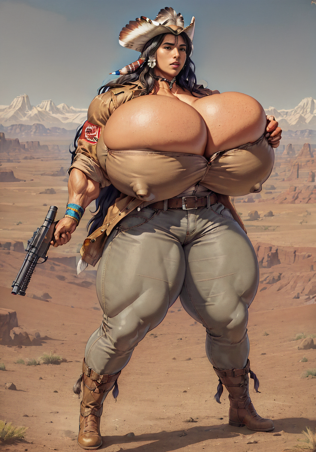 ai_generated big_breasts black_hair breasts cowboy_hat enormous_breasts giant_breasts gigantic_breasts gun huge_breasts large_breasts massive_breasts muscular muscular_arms muscular_body muscular_female muscular_legs muscular_thighs native_american