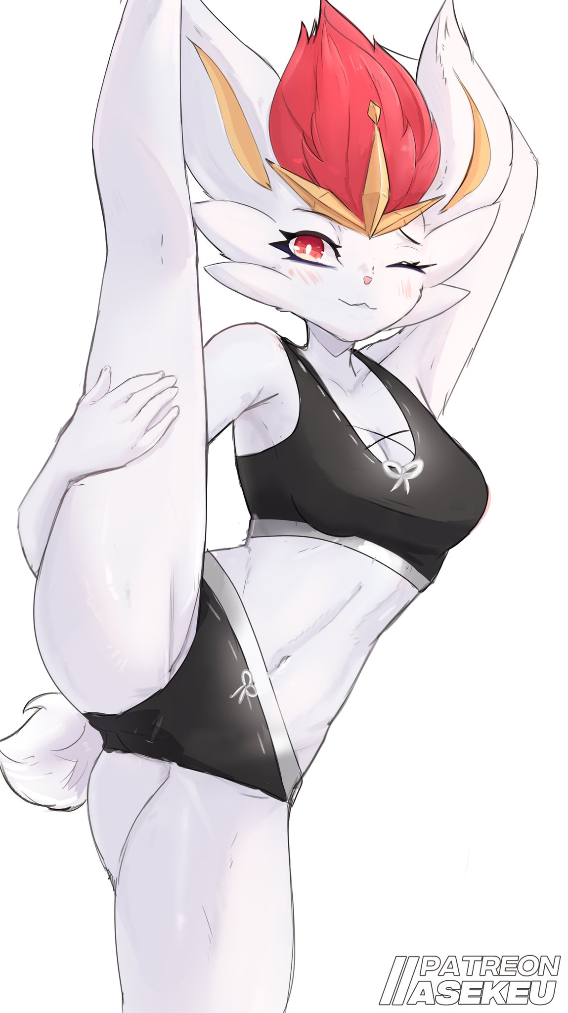 1girls, asekeu, blush, cinderace, female, female cinderace, female only, flexible, hi res, looking at viewer, nintendo, no humans, pokémon (species), pokemon, pokemon (species), pokemorph, red eyes, smile, smiling at viewer, solo, splits, sportswear, standing split, white background, wink, winking at viewer, workout clothes