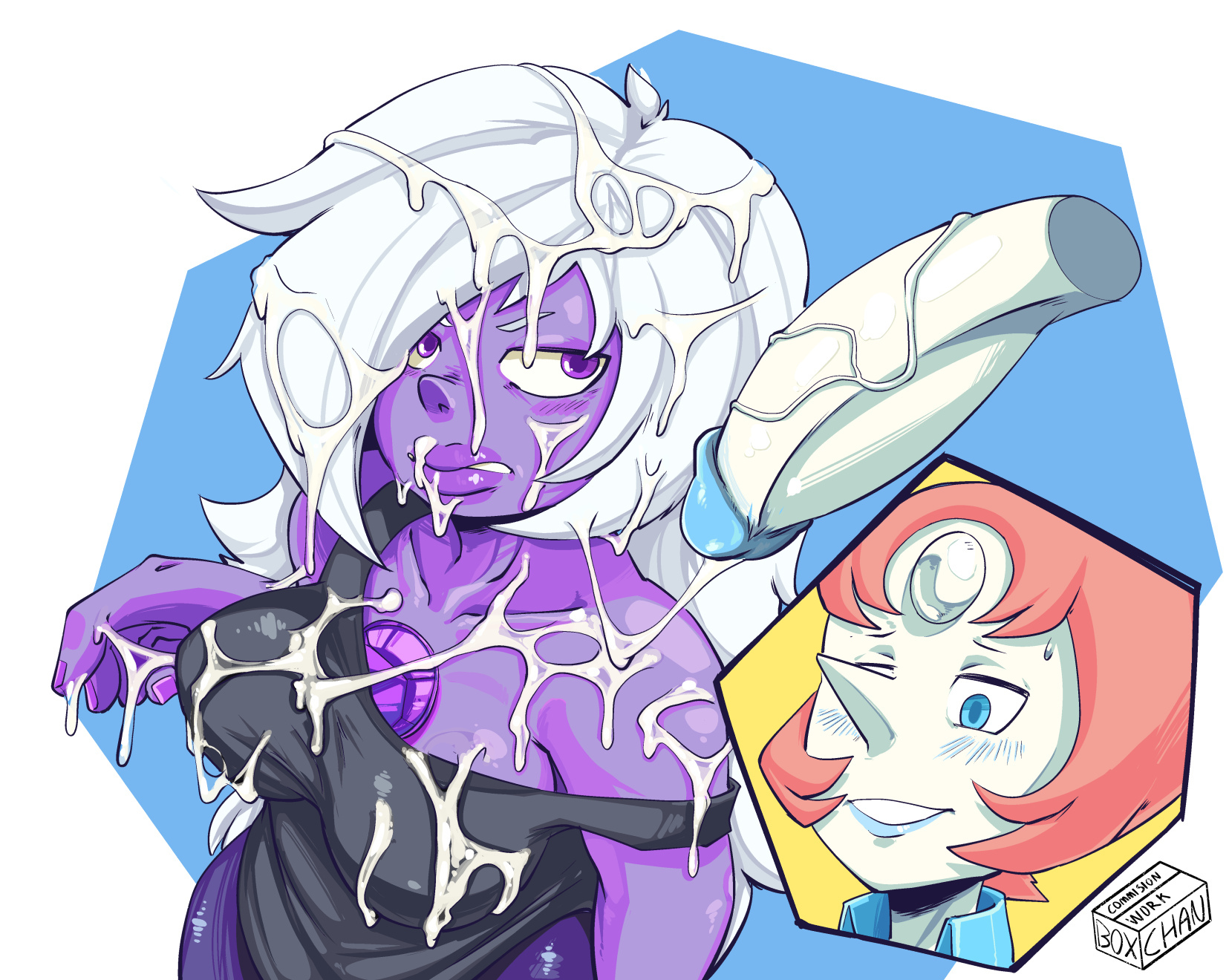 1futa, 1girls, amethyst (steven universe), annoyed, big breasts, blush, box chan, breasts, cartoon network, clothed, clothing, cum, cum on body, cum on breasts, cum on clothes, cum on face, cum on hair, erection, female, female focus, fully clothed, futa on female, futanari, gem (species), high-angle view, huge cock, humanoid, humanoid penis, implied futa, intersex, medium breasts, nutting, pearl (steven universe), penis, purple skin, shortstack, smile, solo focus, steven universe, veiny penis, white skin
