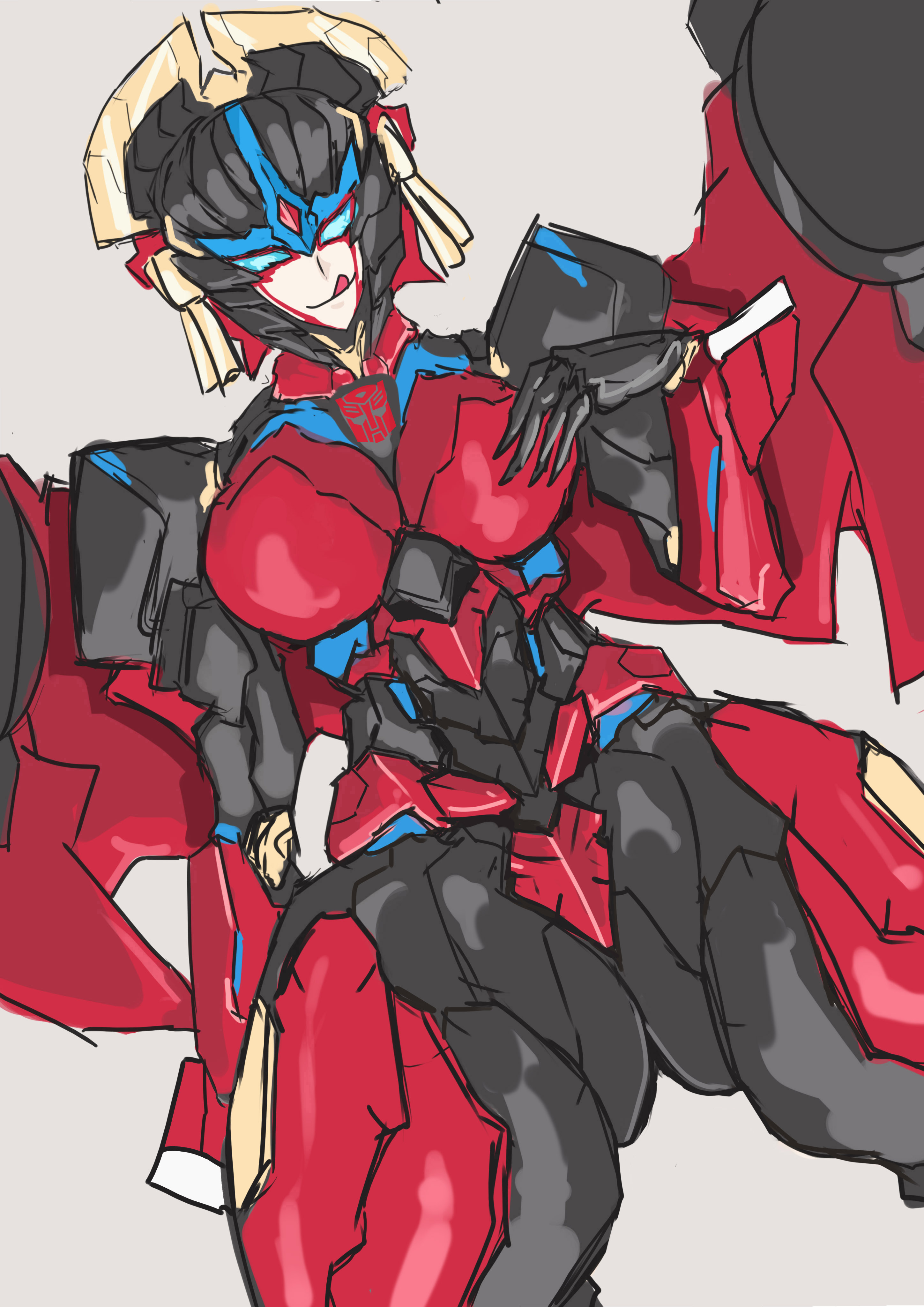 1girls, ass visible through thighs, autobot, big breasts, breasts, crotch plate, female, female autobots, female only, licking own lips, looking at viewer, low-angle view, robot, robot girl, skimpy armor, solo, thick thighs, thunder thighs, touching own breast, transformers, transformers idw, waaka horror, white background, windblade
