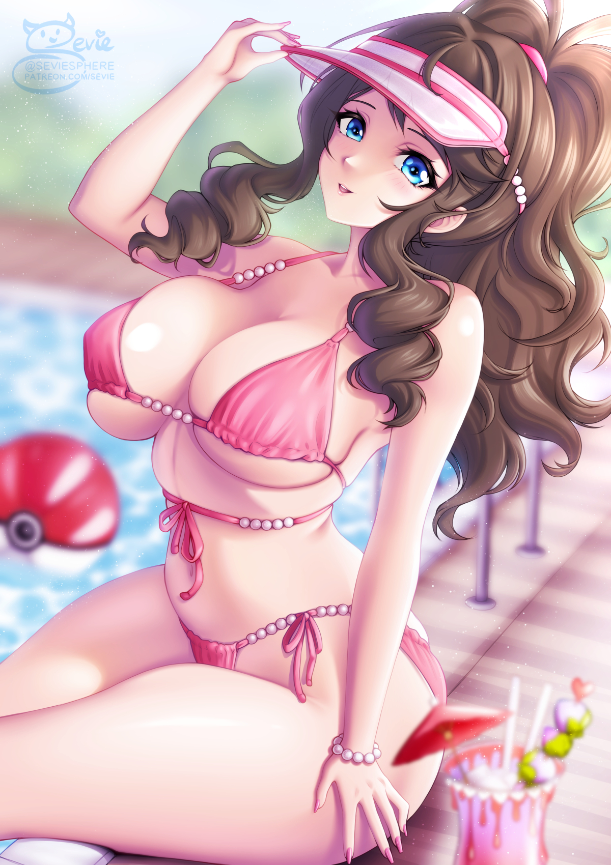 1girls, aged up, bikini, breasts, brown hair, female, hilda (pokemon), hips, huge breasts, long hair, nintendo, pokemon, pokemon bw, sevie, thick thighs, thighs, wide hips