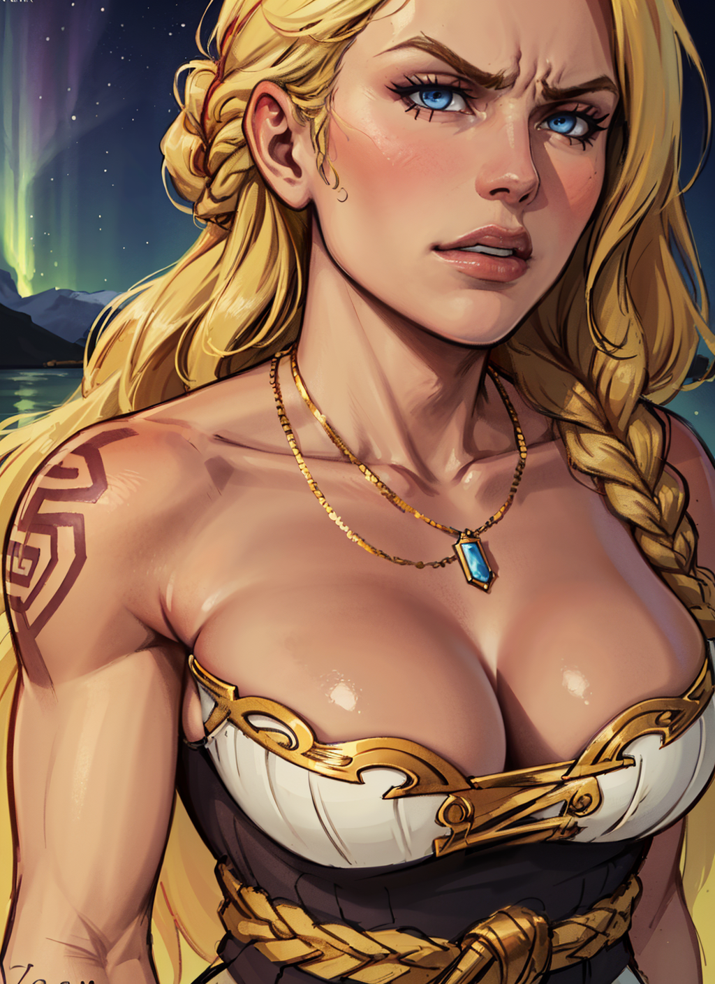 ai_generated athletic_female blonde_hair blue_eyes cleavage female freya_(norse_mythology) goddess long_hair mature mature_female medium_breasts mythology necklace night norse_mythology northern_lights outdoors scandinavian sole stable_diffusion