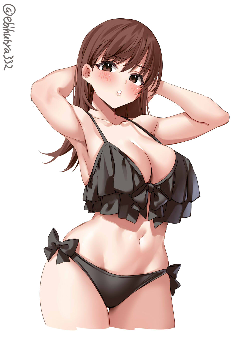 arms behind back, breasts, cowboy shot, curvy, ebifurya, female, huge breasts, kantai collection, ooi (kantai collection), signature, simple background, swimsuit, thighs
