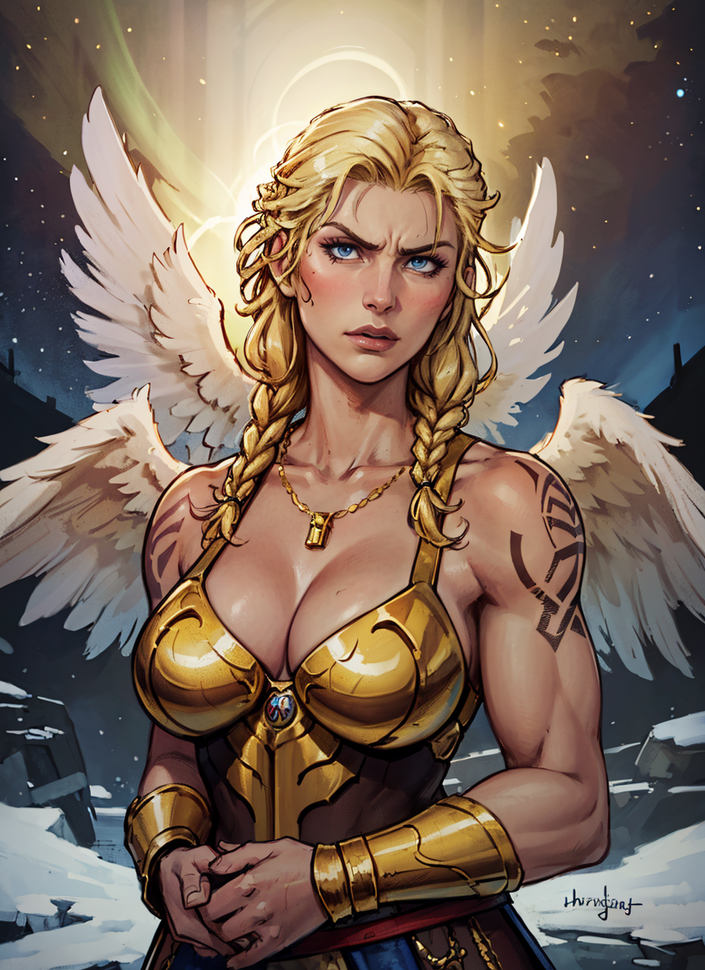 ai_generated angel_wings athletic_female blonde_hair blue_eyes cleavage female fire freya_(norse_mythology) goddess long_hair mature mature_female medium_breasts mythology necklace night norse_mythology outdoors scandinavian sole stable_diffusion valkyrie