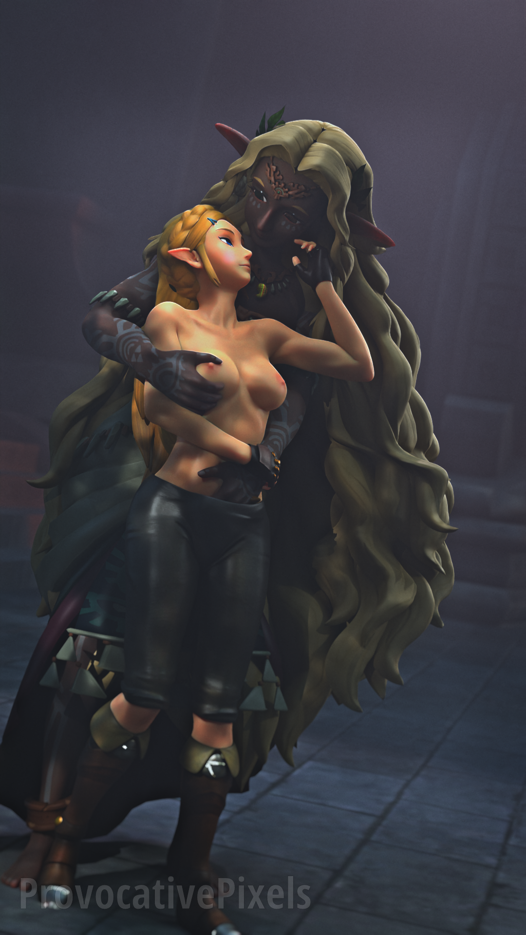 2girls, 3d, age difference, ancestor and descendant, blonde female, blonde hair, breast grab, breasts, chocolate and vanilla, cute, dark skin, dark-skinned female, female, female/female, fingering, height difference, hylian, hylian ears, light skin, light-skinned female, looking at another, nintendo, pale skin, pointy ears, princess zelda, provocative pixels, self upload, sonia (tears of the kingdom), tears of the kingdom, the legend of zelda, topless, yuri, zelda (tears of the kingdom)
