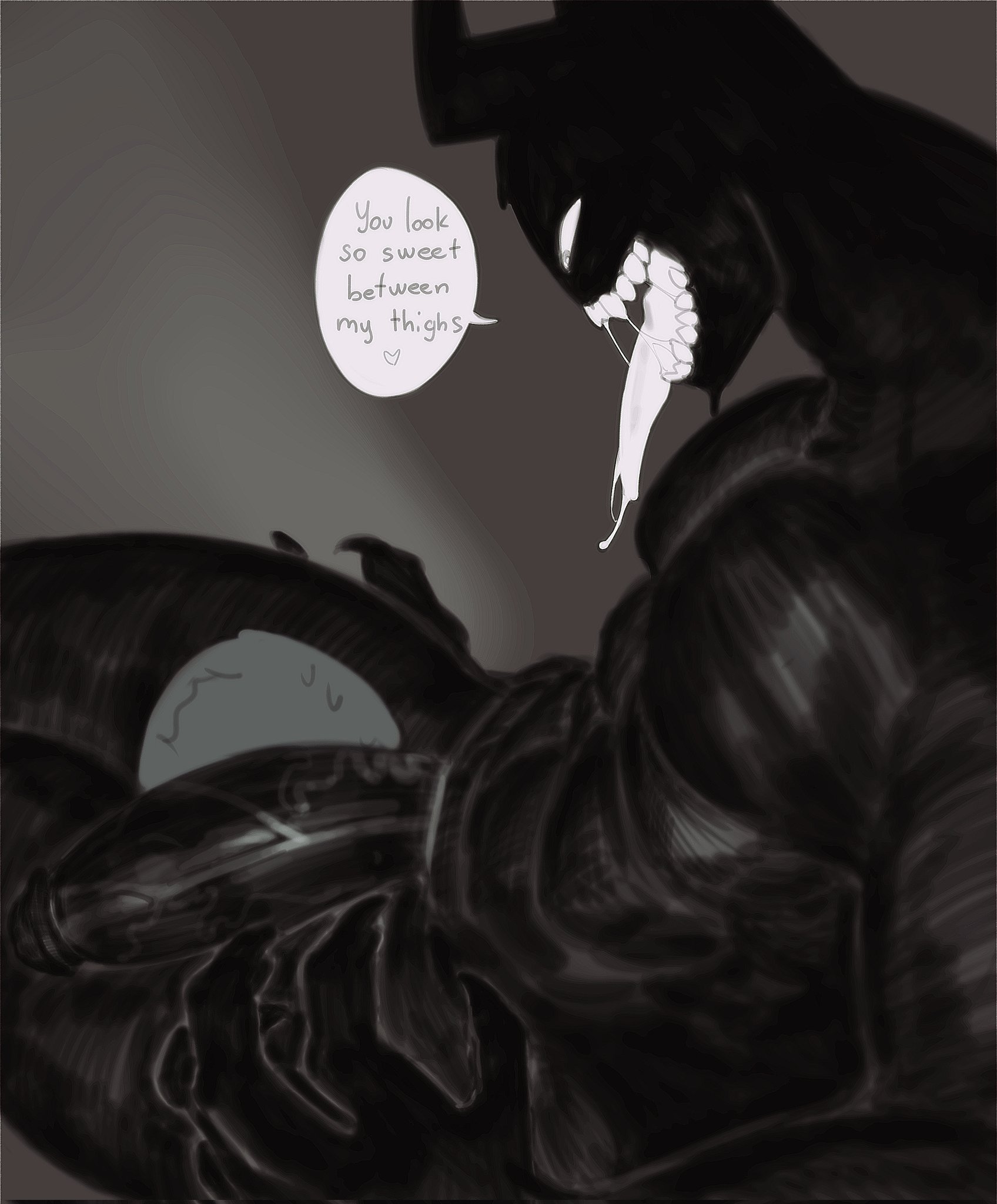 abs, anthro, big penis, black body, clawed fingers, demon, english text, erection, gay, gay male, glowing, glowing eyes, head between thighs, kogito, male, male only, monster, muscular, muscular anthro, muscular male, pecs, pectorals, penis, penis on face, saliva, saliva drip, simple background, sleep paralysis demon, speech bubble, teeth, text, tongue, tongue out, vein, veiny, veiny penis, white eyes, white sclera, white tongue, yaoi