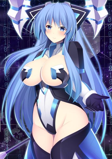 1girls big_breasts blue_eyes blue_hair bodysuit female_only inviting kiseijou_rei kiseijou_rei_(goddess_form) neptunia_(series) rei_ryghts solo solo_female thick_thighs villain