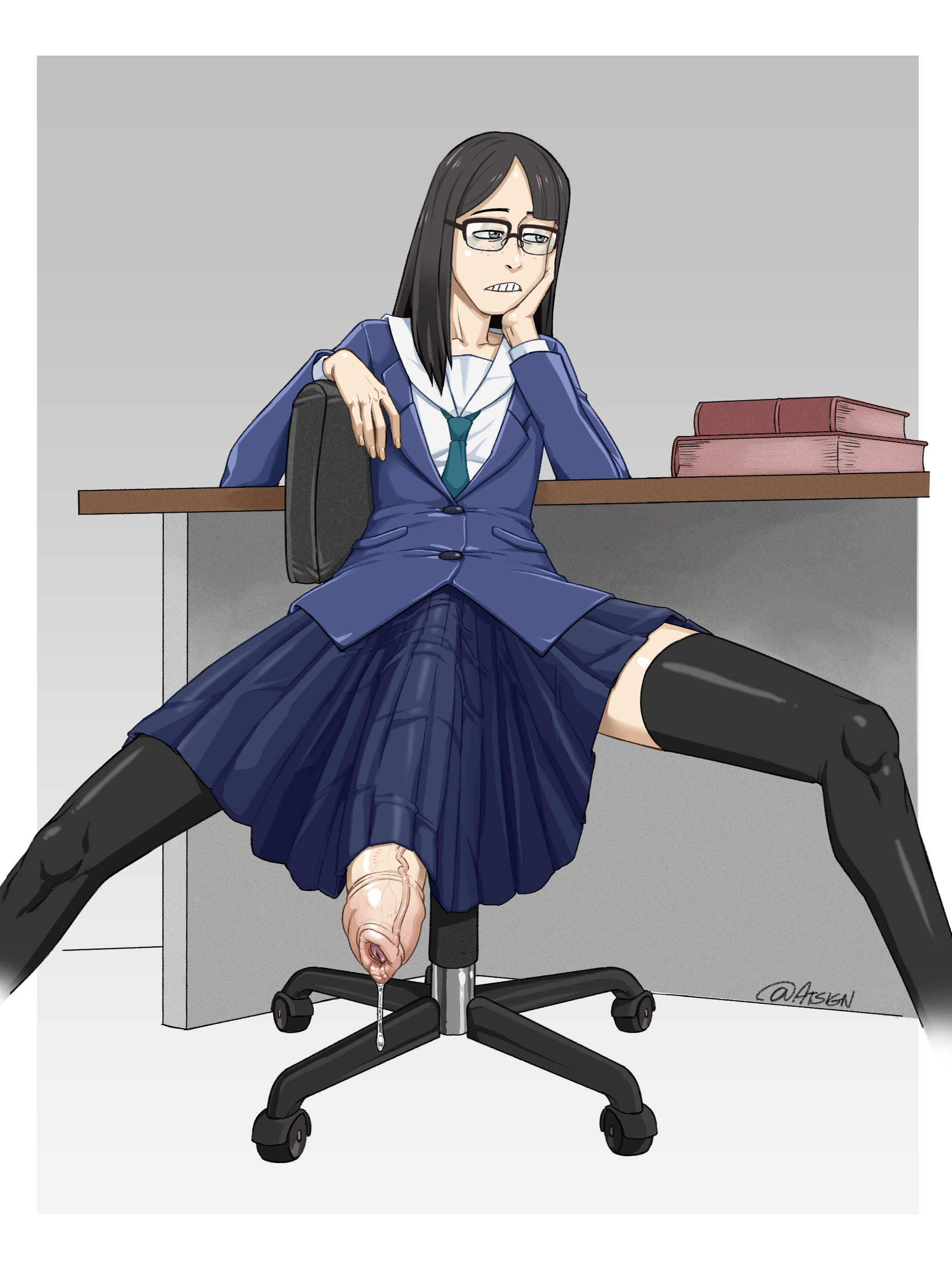 1futa, atsign34, big penis, black hair, black socks, blue eyes, book, bored, bottomless, bulge, casual exposure, clothed, clothing, cock, desk, eizouken ni wa te wo dasu na!, erection, foreskin, freckles, futa only, futanari, gigantic penis, glasses, glasses on head, half-erect, huge cock, human, hyper, hyper penis, intersex, jimiko, kanamori sayaka, large penis, leaking, leaking cum, leaking precum, leaning, legs apart, light skin, light-skinned futa, long hair, long skirt, lounging, mostly clothed, office chair, penis, precum, precum drip, public exposure, school uniform, sitting, skinny, skirt, socks, solo futa, spread legs, tall, thigh socks, thighhighs, uncircumcised, uncut, unretracted foreskin, veiny penis, wardrobe malfunction