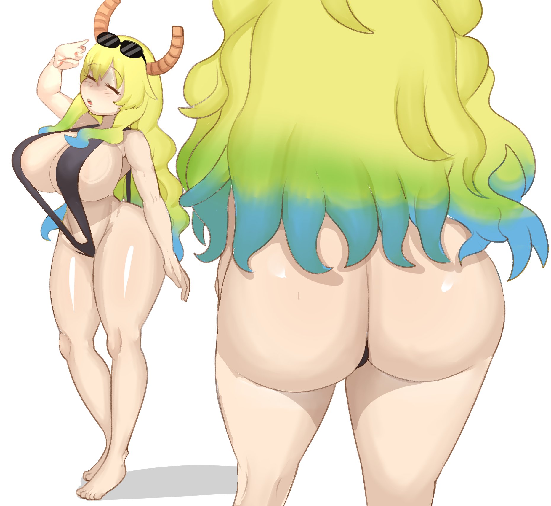 1girls, ass, breasts, dragon girl, dragon horns, female, fladdykin, horns, huge breasts, large ass, light skin, light-skinned female, long hair, miss kobayashi's dragon maid, quetzalcoatl (dragon maid), sling bikini