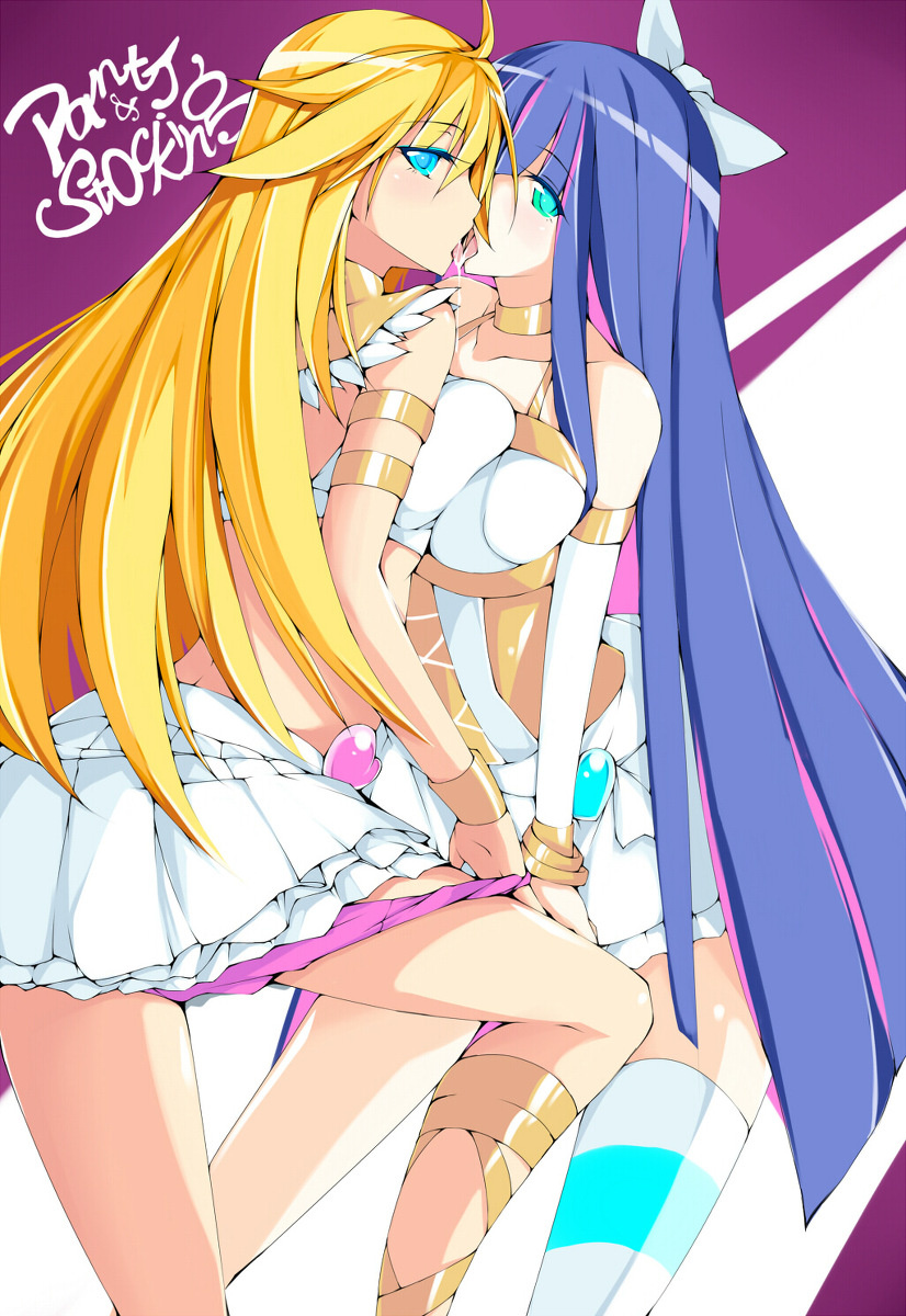 2girls alternate_costume blonde_hair blue_eyes breast_press breasts corset dean_(momodean) dress goth goth_girl heart incest kiss large_breasts long_hair looking_at_viewer panties panty_&_stocking_with_garterbelt panty_anarchy panty_pull saliva sisters skirt stocking_anarchy stockings thighhighs tongue yuri