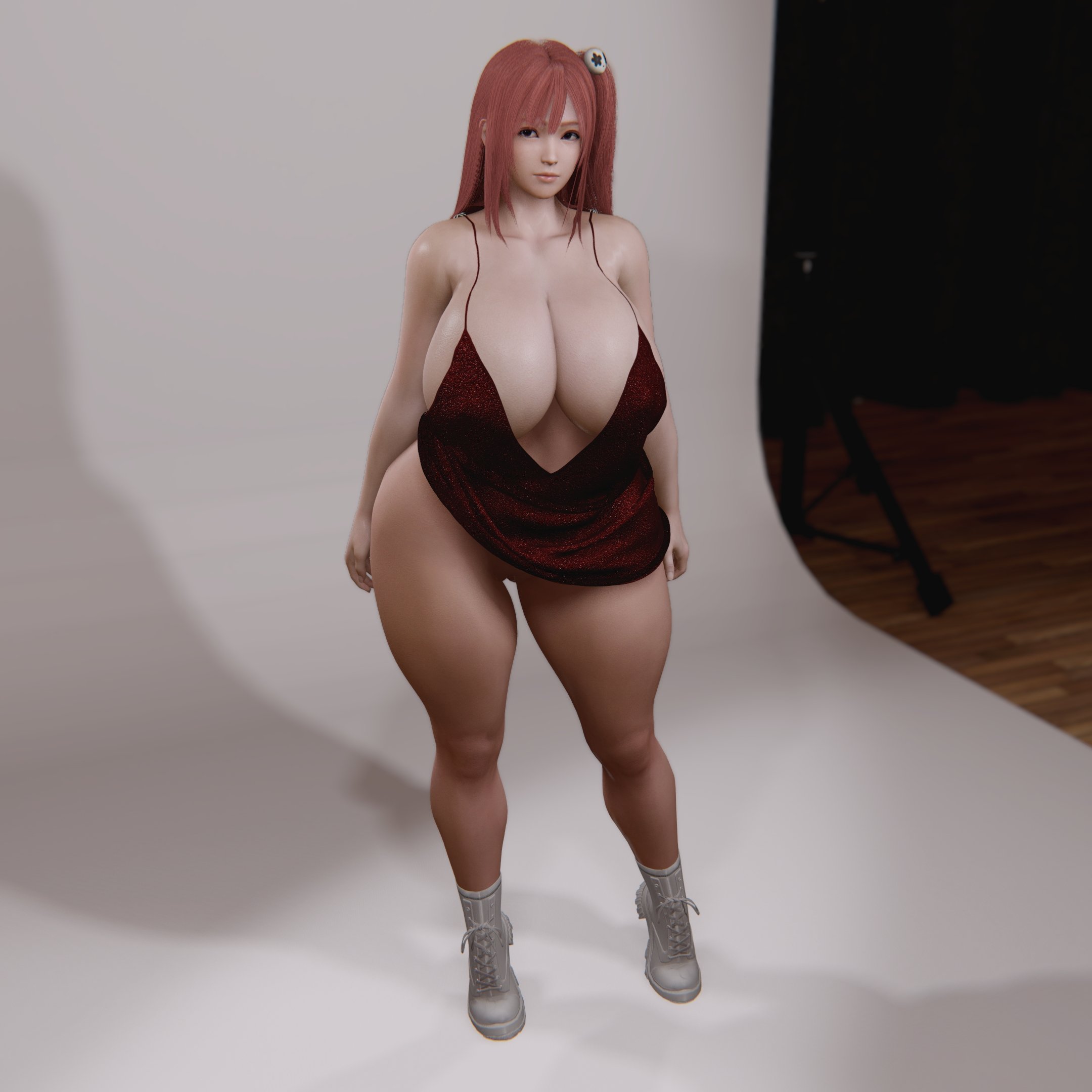 1girls, 3d, ass, big ass, big breasts, black eyeshadow, bottomless, breasts, breasts bigger than head, brown eyes, busty, cleavage, dead or alive, dress, female, female only, honoka (doa), hourglass figure, huge ass, huge breasts, huge cleavage, large breasts, light skin, light-skinned female, long breasts, looking at viewer, love handles, mascara, massive ass, mature female, medium hair, no panties, pinup, posing, red hair, red lipstick, shoes, skin, solo, tagme, thethiccart, thick thighs, thighs, virtamate, voluptuous, white skin, wide hips