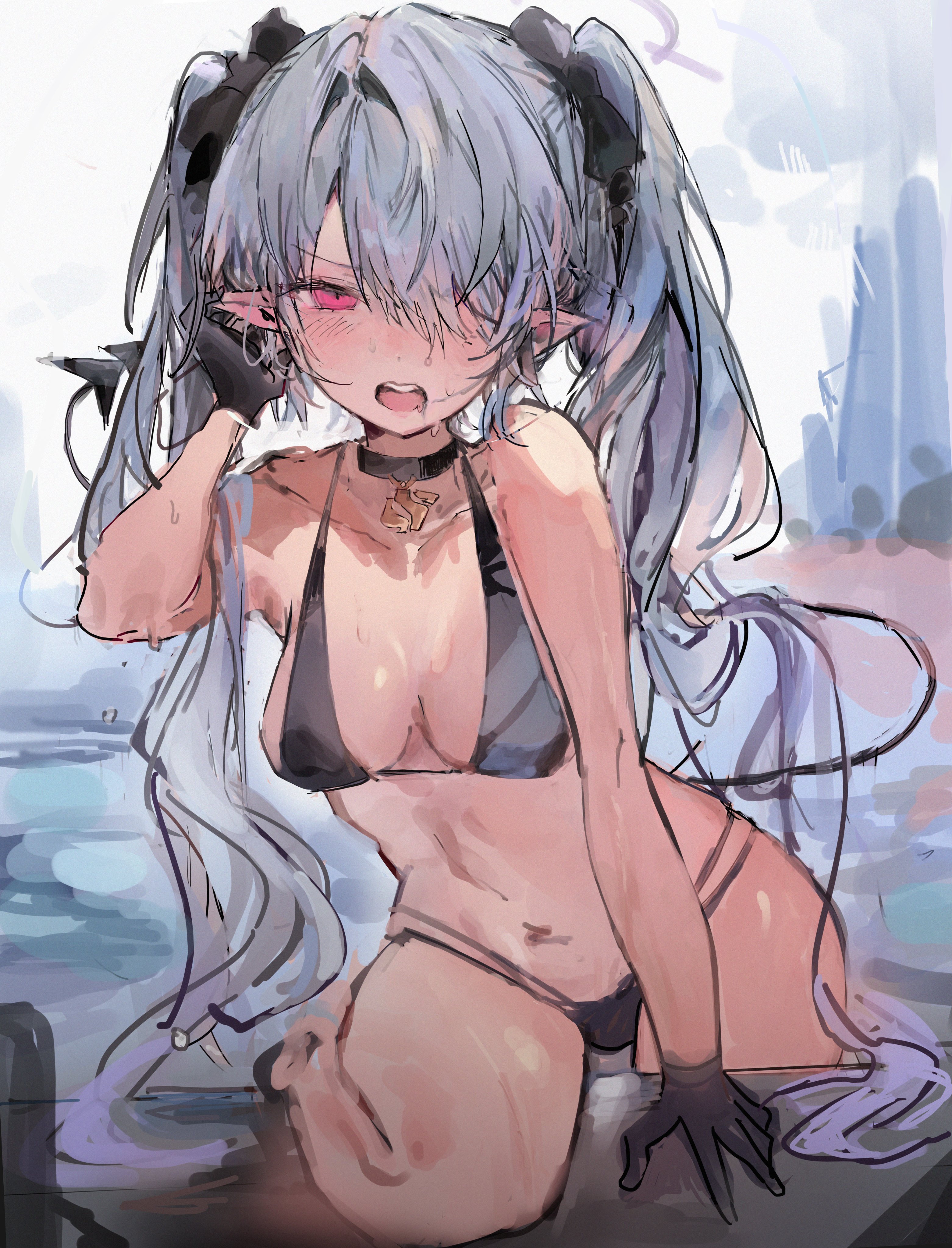 annoyed, artist request, blue archive, breasts, colored sketch, drooling, female, gehenna academy student, iori (blue archive), iori (swimsuit) (blue archive), micro bikini, pointy ears, prefect team (blue archive), red eyes, sketch, small breasts, tagme (artist), wet skin
