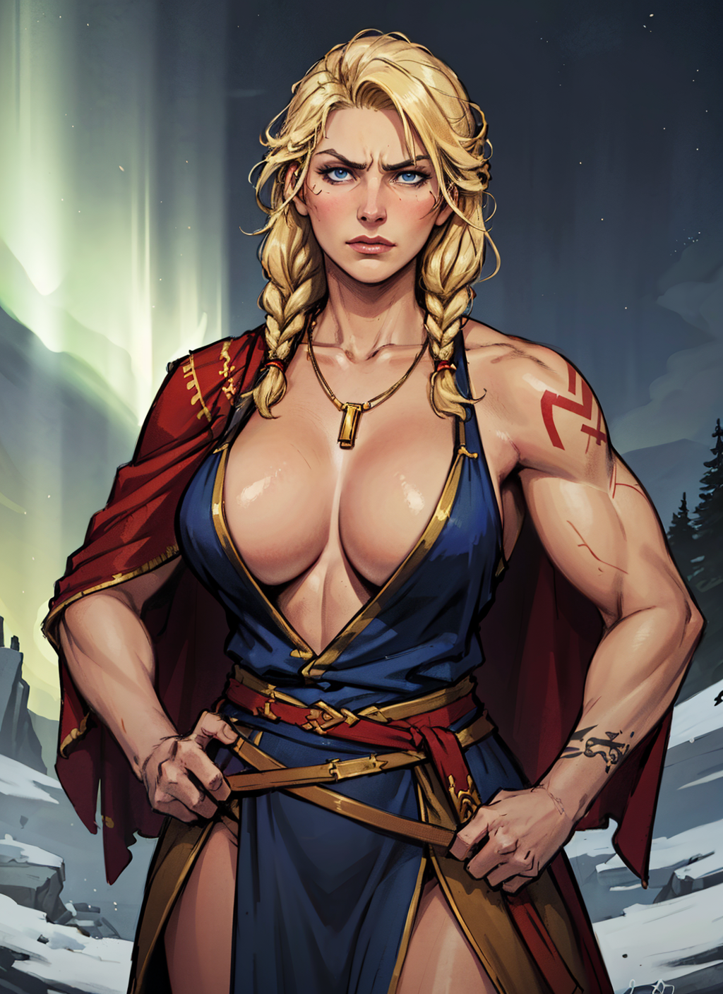 ai_generated athletic_female blonde blonde_hair blue_eyes cleavage female freya_(norse_mythology) goddess long_hair mature mature_female medium_breasts mythology national_personification necklace night norse_mythology northern_european northern_lights outdoors scandinavian sole stable_diffusion