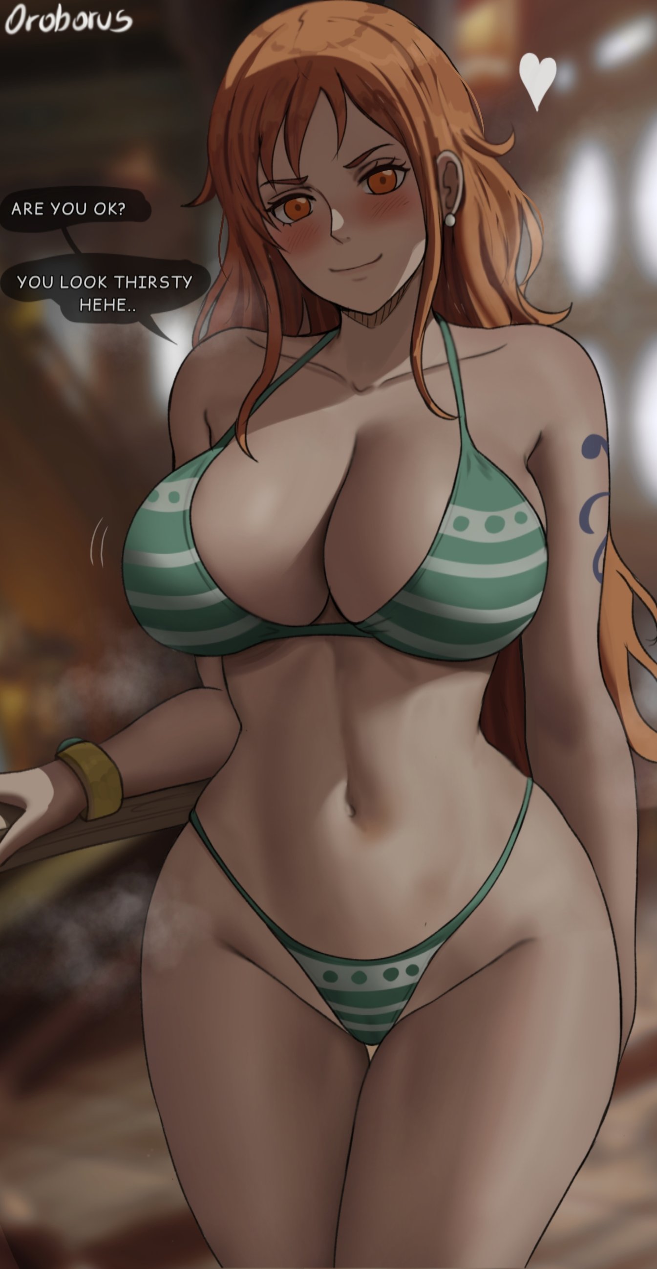 1girls bikini breasts dialogue english_text female female_only hips huge_breasts light-skinned_female light_skin long_hair nami one_piece orange_hair oroborusart post-timeskip savagexthicc striped_bikini text thick_thighs thighs wide_hips