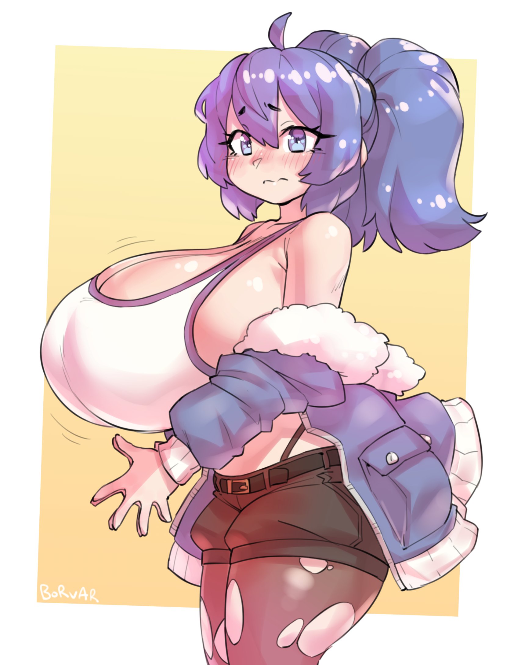 1girls, borvar, breasts, bursting breasts, character request, cleavage, female, female only, huge breasts, original, original character, shortstack, solo