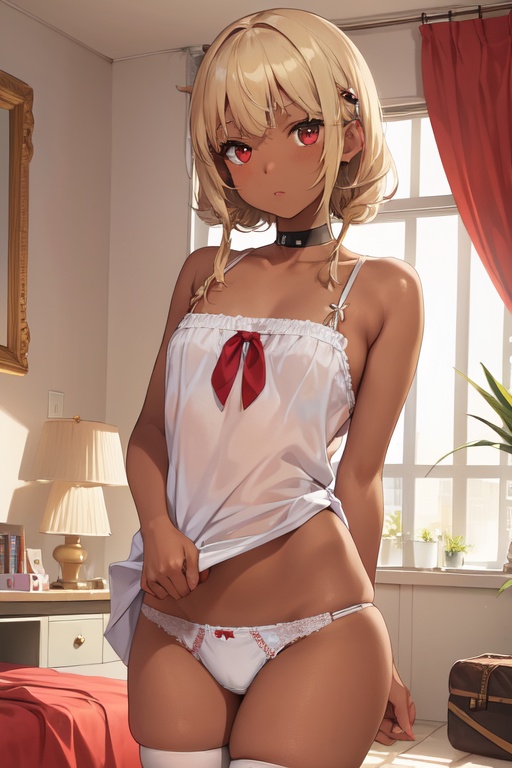 1girls, aesthetic, ai generated, bedroom, blonde hair, breasts, clothing, dark skin, dark-skinned female, female, female only, hairclip, holaraai, indoors, legwear, looking at viewer, original, red eyes, small breasts, solo, tomboy, underwear, young, younger female