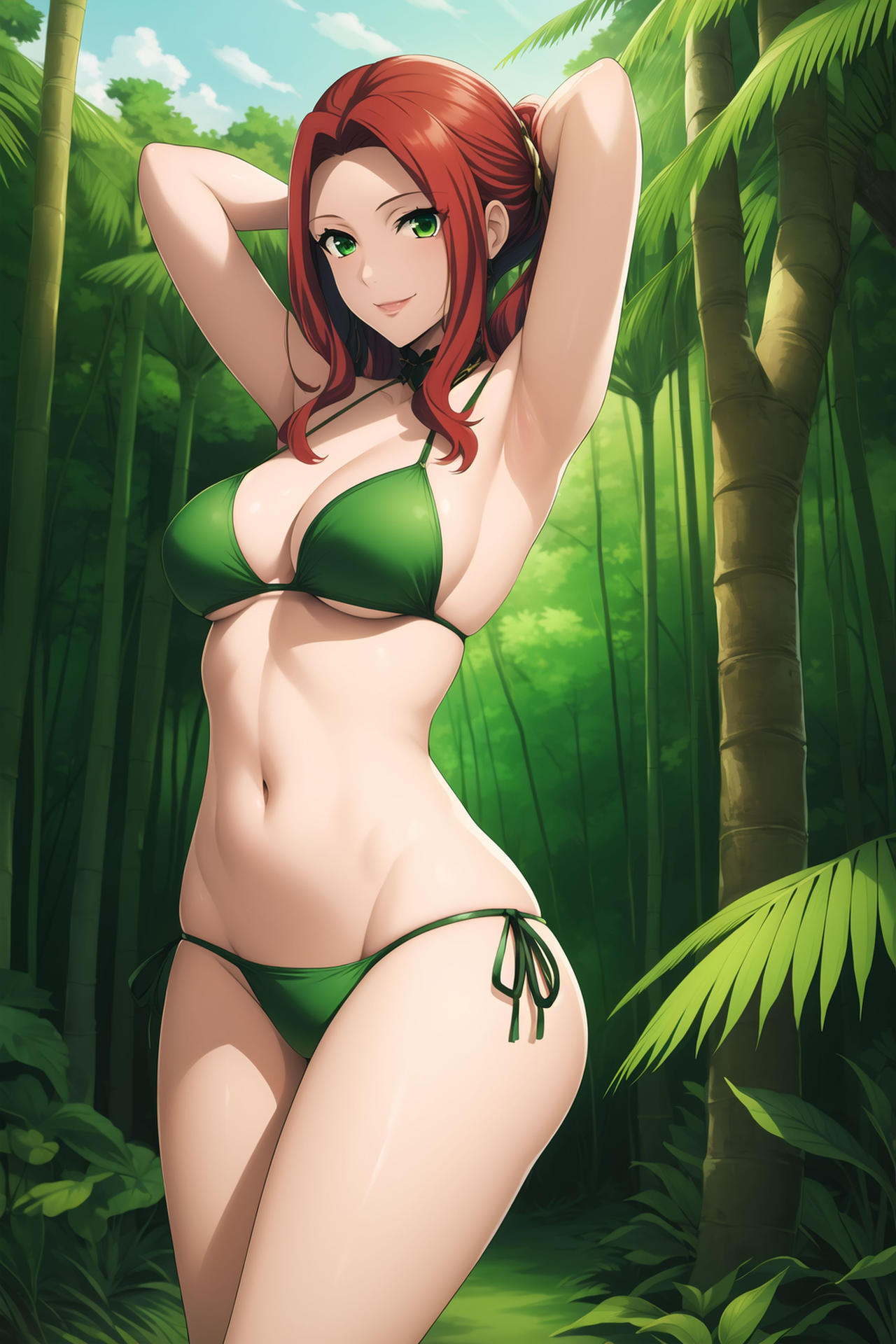 1girls ai_generated armpits arms_behind_head big_breasts bikini bitch_(shield_hero) busty cleavage green_bikini hi_res large_breasts legs looking_at_viewer malty_s_melromarc navel pose posing red_hair sensual sexy_armpits smile solo stable_diffusion swimsuit tate_no_yuusha_no_nariagari thighs