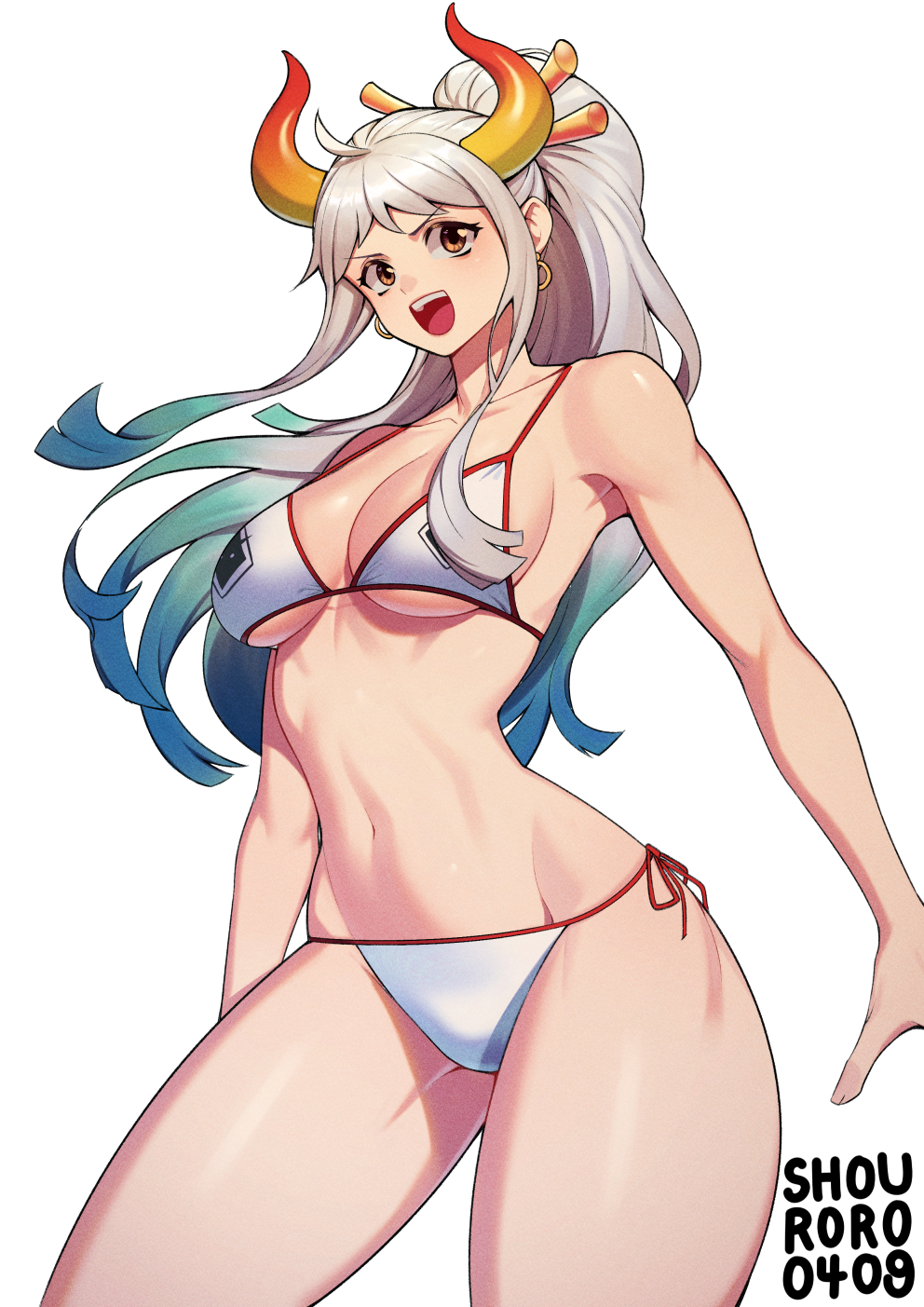 1girls 2d big_breasts bikini blue_hair breasts brown_eyes cleavage clothed clothing curvy ear_piercing earrings female female_focus female_only gradient_hair hair_ornament hi_res highres hoop_earrings horned_humanoid horns humanoid light-skinned_female light_skin long_hair looking_at_viewer multicolored_hair one_piece oni oni_horns pale-skinned_female pale_skin revealing_clothes shouroro simple_background smile solid_color_background solo swimsuit thick_thighs two_tone_hair underboob white_bikini white_hair wide_hips yamato_(one_piece) youkai