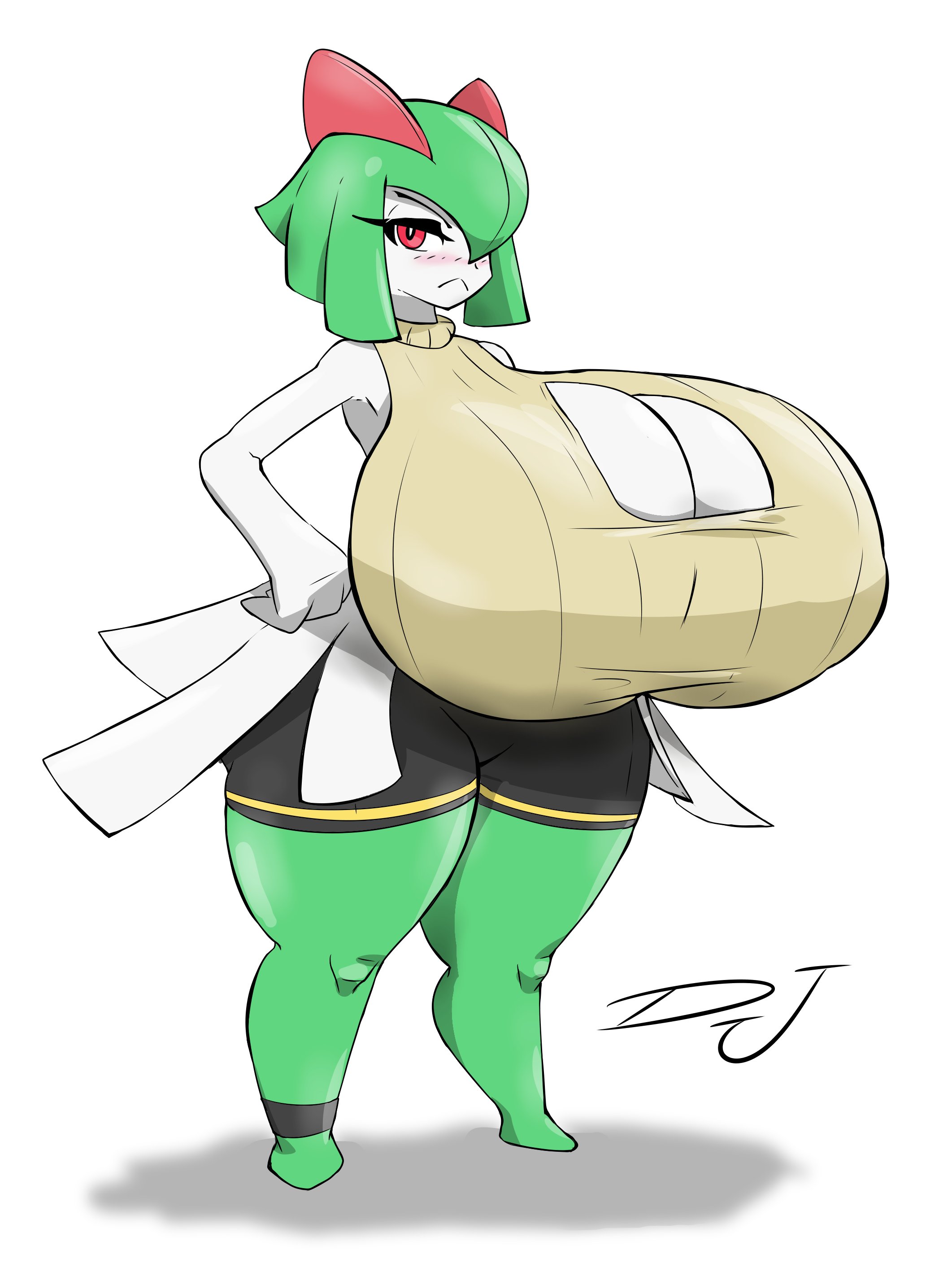 1girls, ass, breasts, cleavage cutout, cleavage window, curvaceous, curvy, djthepokemen, ellen (djthepokemen), enormous breasts, female, full body, gigantic breasts, hand on hip, huge ass, huge breasts, huge thighs, kirlia, large ass, pokemon, pokemon (species), short hair, shortstack, small but busty, solo, standing, sweater, sweater vest, tsundere
