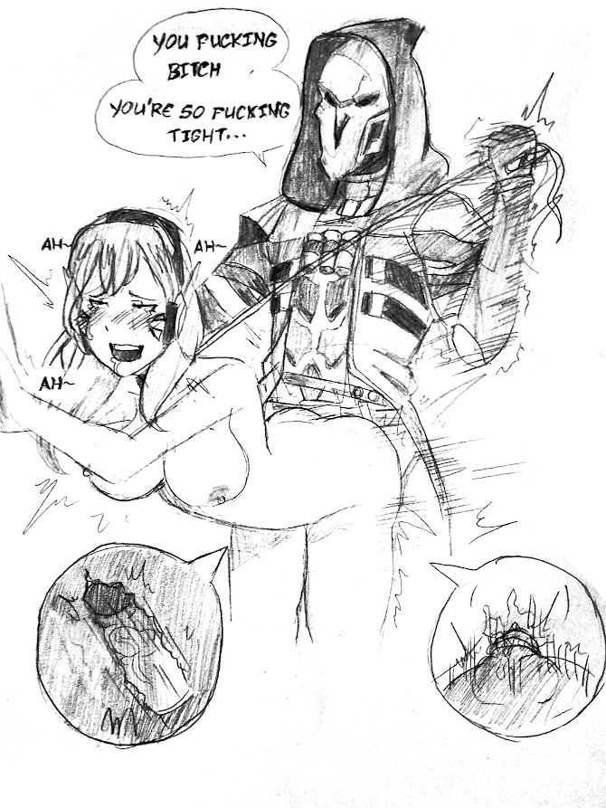 breasts chains clothed_male_nude_female condom d.va dark-skinned_male genital_fluids genitals insulting male/female nude_female open_mouth overwatch overwatch_2 reaper rough_sex rough_sketch speech_bubble straight submissive vaginal_penetration xray_view