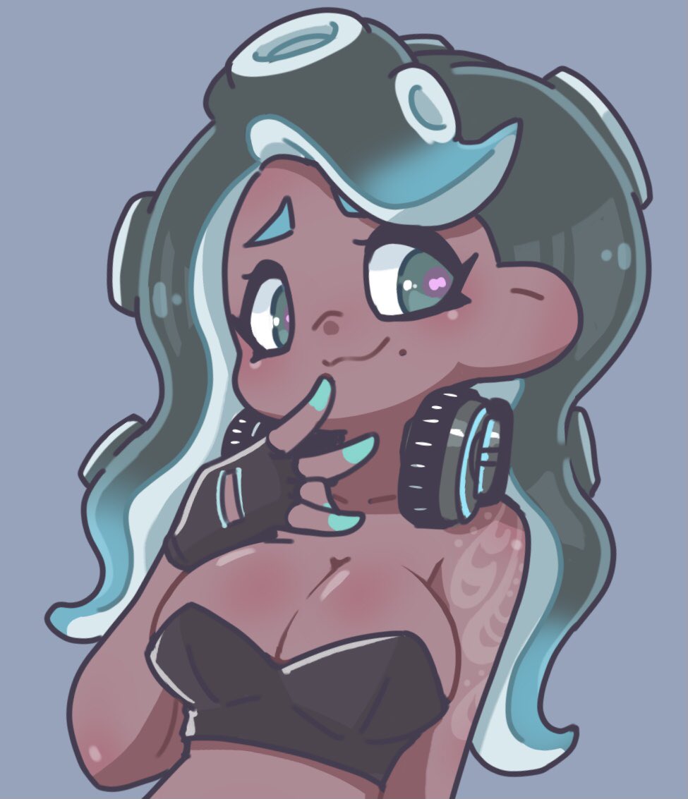 1girls :3 breasts dark_skin gloves looking_at_viewer marina_(splatoon) nintendo octoling splatoon splatoon_2 tattooed_arm tubetop whichdoll