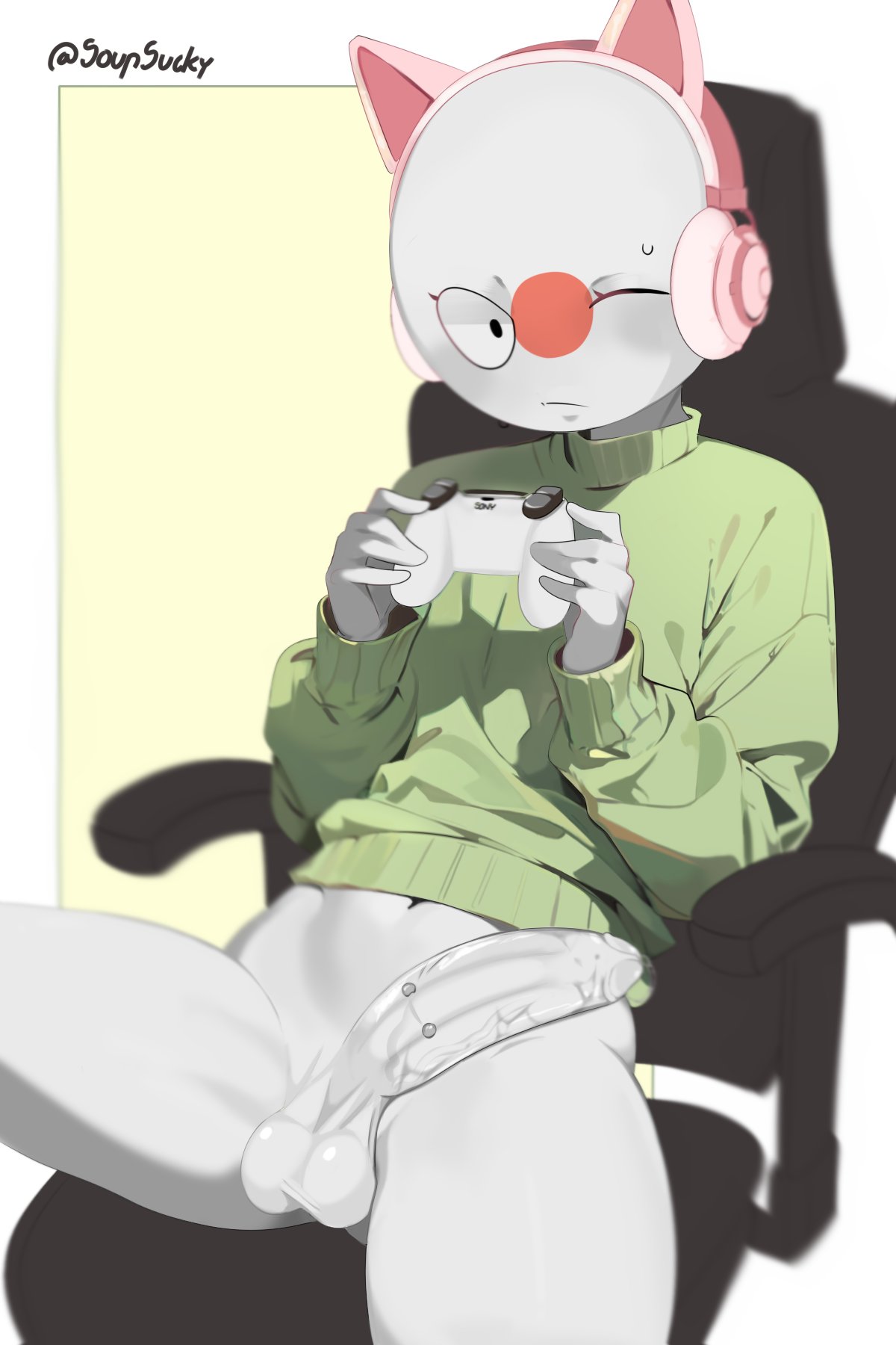 1boy cat_ears cat_headphones cock_piercing cock_worship countryhumans enfixroute femboy feminine_male gaming_chair green_hoodie hoodie japan_(countryhumans) japanese_flag looking_at_viewer male_only playstation_controller ps5_controller stickman wink