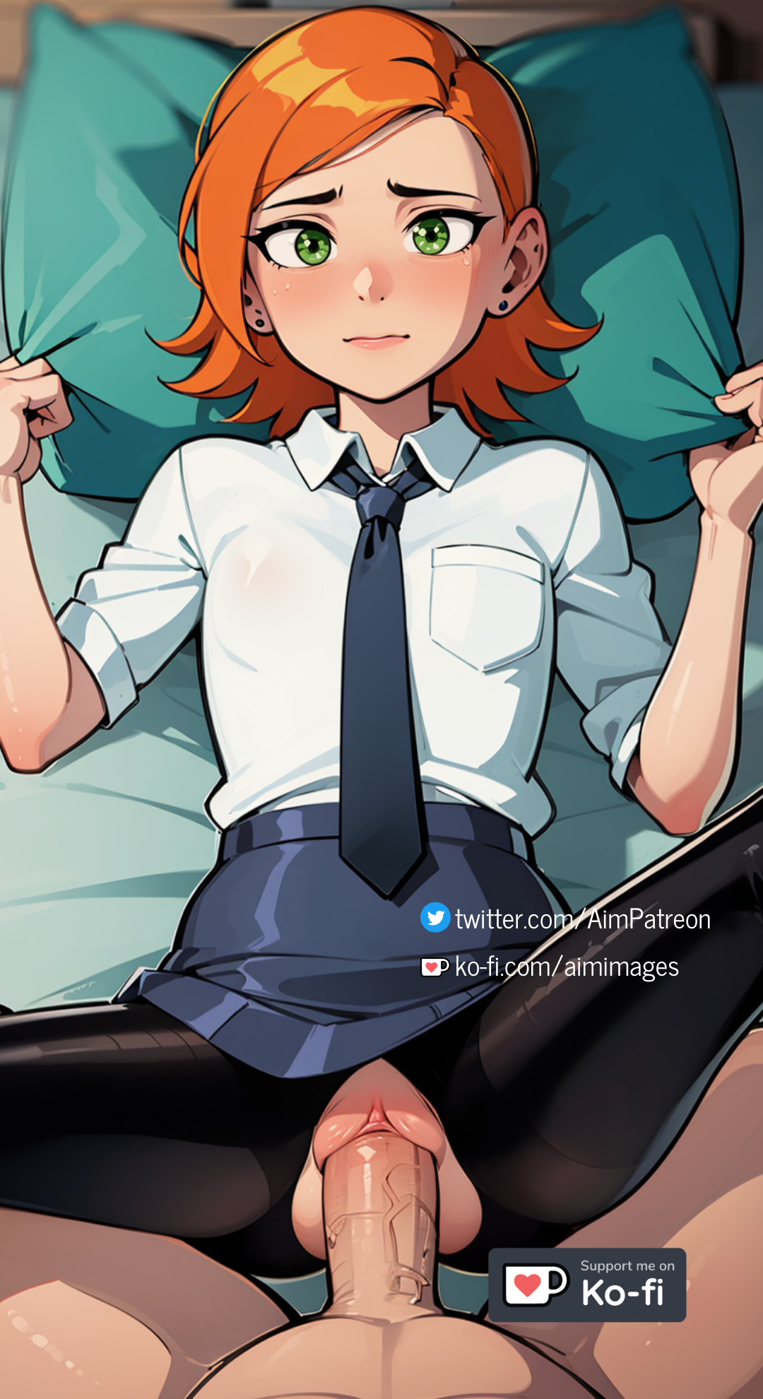 1boy, ai generated, aim patreon, amusingshi7890, bed, bed sheet, ben 10, blush, clothed female nude male, clothed sex, cushion, earrings, female, green eyes, gwen tennyson, head on pillow, jewelry, looking at viewer, lying, male, missionary, necktie, nude, on back, on bed, orange hair, pantyhose, penis, pillow, pillow grab, pov, pussy, school uniform, schoolgirl, sex, sheet grab, shirt, short hair, skirt, spread legs, straight, torn clothes, torn legwear, uncensored, vaginal penetration, weem5