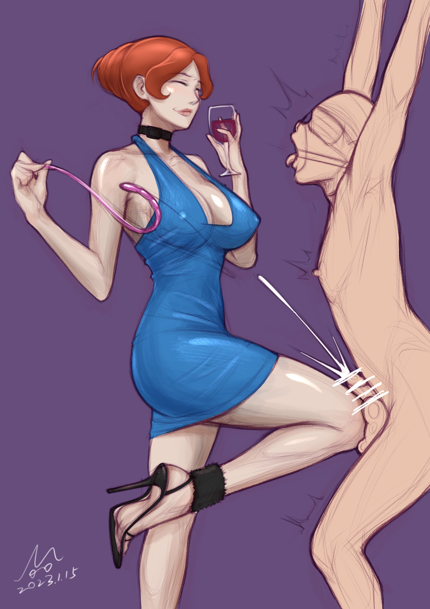 1boy, 1girls, ballbusting, balls, censored, cock and ball torture, cock and balls torture, female, ginger hair, light skin, light-skinned female, light-skinned male, male, moore2black, open toe shoes, original, penis, red hair, redhead, sex toy, tagme