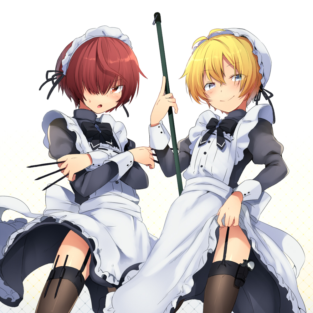 2boys 2femboys alternate_costume antenna_hair apron billy_the_kid_(fate) black_dress black_stockings black_thighhighs blonde_hair blonde_hair_male blue_eyes bow crossdressing dress dress_lift dress_lifted_by_self enmaided fate/grand_order fate_(series) femboy fuuma_kotarou_(fate) garter_straps gun hair_between_eyes hair_over_one_eye knife long_sleeves looking_at_viewer maid maid_apron maid_dress maid_headdress maid_male maid_outfit maid_uniform male male_focus male_maid male_only marimo_danshaku multiple_boys otoko_no_ko red_eyes red_hair red_hair_male short_hair small_gun smile standing sweatdrop thighhighs thighs trap twink white_apron white_background yellow_hair