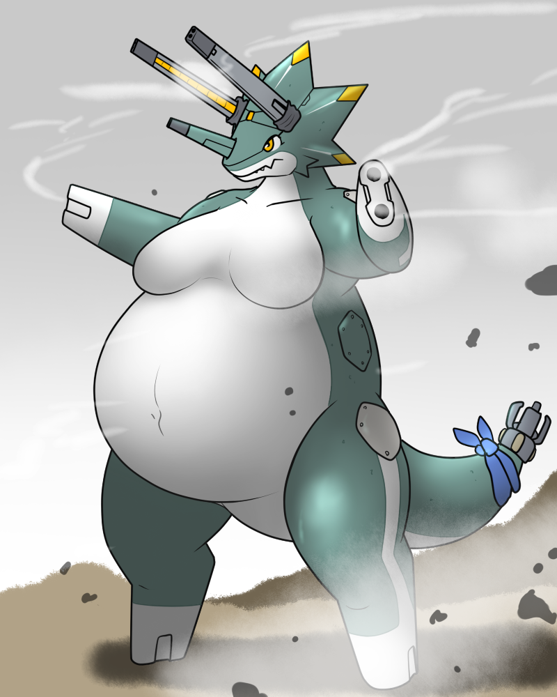 anthro anthrofied bandai_namco belly ceratopsian digimon digimon_ghost_game dinosaur female green_body gun_arm nextcypress obese ornithischian overweight reptile scalie solo triceratops wezengammamon yellow_eyes