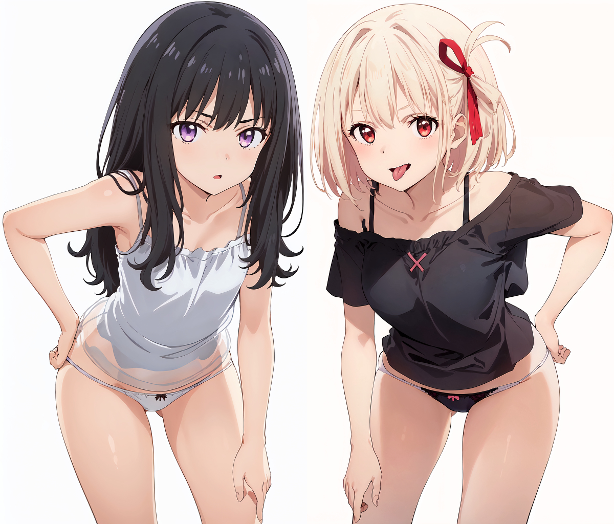 2girls, artist request, big breasts, black hair, blonde hair, breasts, busty, female, hand on hip, hand on leg, hand on own leg, hand on own thigh, hand on thigh, inoue takina, large breasts, leaning forward, legs, long hair, looking at viewer, lycoris recoil, multiple females, multiple girls, nishikigi chisato, open mouth, panties, pose, posing, purple eyes, red eyes, shirt, short hair, sleeveless, sleeveless shirt, small breasts, smile, thighs, tongue