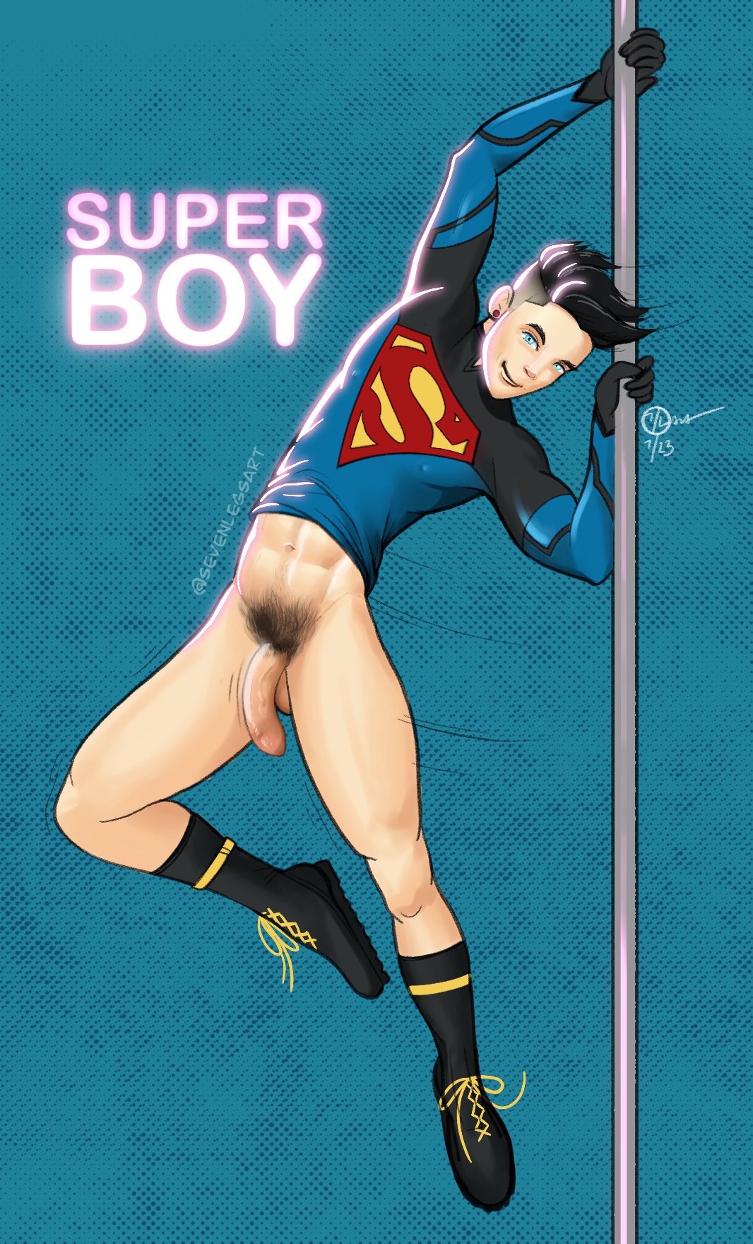 1boy abs blue_eyes bottomless conner_kent cyan_eyes dc_comics dcamu dcuaom ear_piercing english_text light-skinned_male looking_at_viewer male_only muscular_male partially_clothed_male penis pole_dancing pubic_hair reign_of_the_supermen sevenlegsart signature simple_background socks_and_shoes superboy superboy_(dcamu) superman_(series) undercut veiny_penis