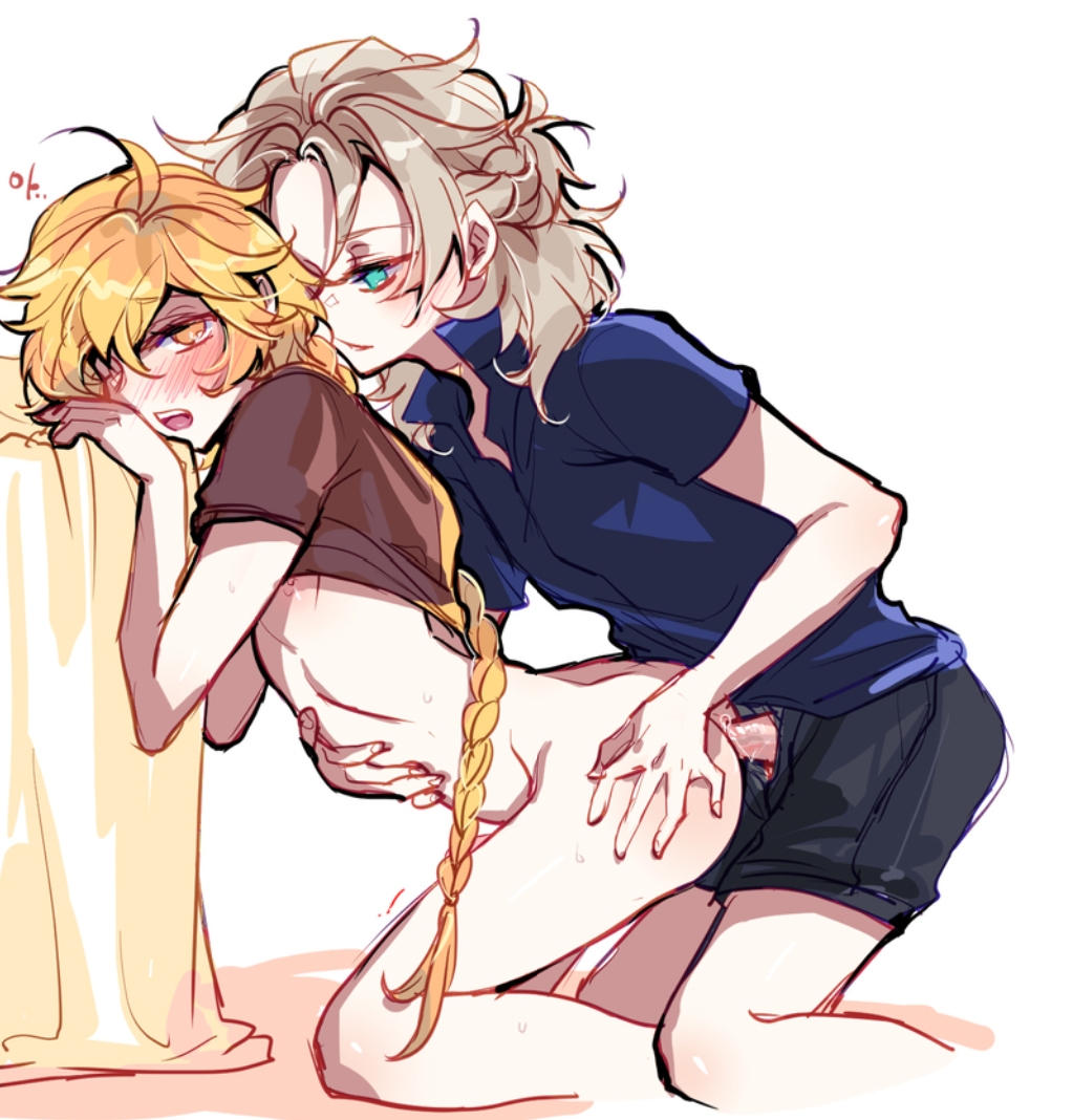 2boys, aether (genshin impact), albedo (genshin impact), anal, anal sex, blonde hair, genshin impact, hoyoverse, male, male focus, male only, mihoyo, white background, white hair, yaoi