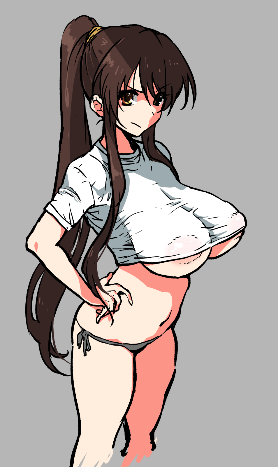 1girls, ahemaru, angry, areola slip, areolae, breasts, brown hair, clothing, female, hand on hip, hazel eyes, large breasts, long hair, looking at viewer, nipples, panties, ponytail, shirt, shirt lift, simple background, solo, suzumiya haruhi, suzumiya haruhi no yuuutsu, tied hair, underboob, very long hair