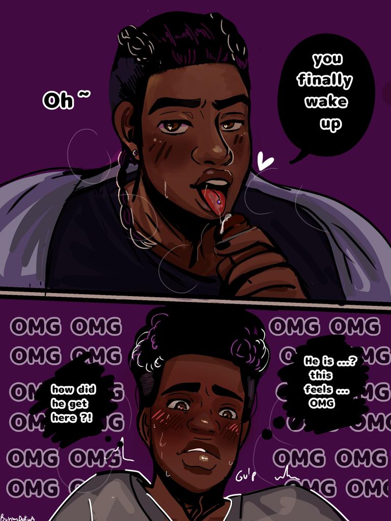 blowjob blowjob_face bunnydokya dark-skinned_male dark_male_only dark_skin dialogue english_text gay gay_blowjob gay_sex male male/male marvel miles_g_morales miles_morales miles_morales_(earth_42) spider-man spider-man:_across_the_spider-verse spider-man_(series) sweat sweaty_body yaoi