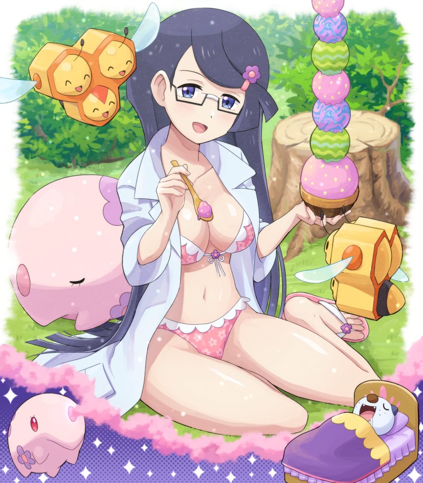 1girls blue_eyes blush bra breasts cleavage clothing combee dark_purple_hair desert digital_media_(artwork) dream feet female female_focus fennel_(pokemon) food frilled_bra glasses grass human ice_cream labcoat lingerie long_hair looking_at_viewer matching_underwear munna navel nintendo offering_food open_mouth oshawott panties partially_clothed pink_bra pink_panties pokemoa pokemon pokemon_(species) pokemon_bw pokemon_professor purple_eyes purple_hair smile smiling_at_viewer thick_thighs thighs very_long_hair wide_hips