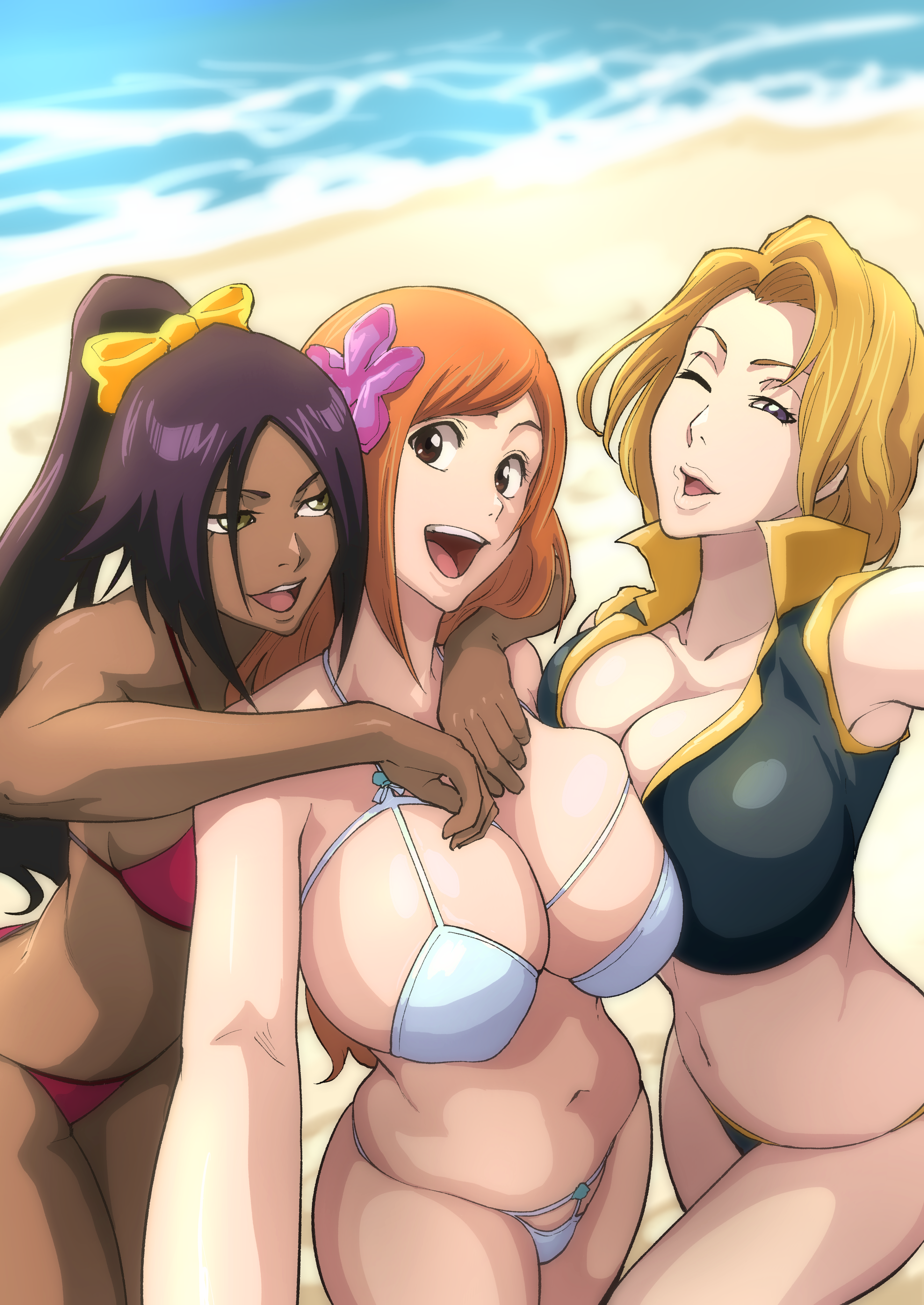 3girls, beach, bikini, bleach, blonde hair, breasts, brown skin, chocolate and vanilla, cleavage, dark skin, dark-skinned female, female, hi res, hips, huge breasts, inoue orihime, iwao178, light skin, light-skinned female, long hair, matsumoto rangiku, medium hair, orange hair, outdoors, purple hair, shihouin yoruichi, swimsuit, thick thighs, thighs, wide hips