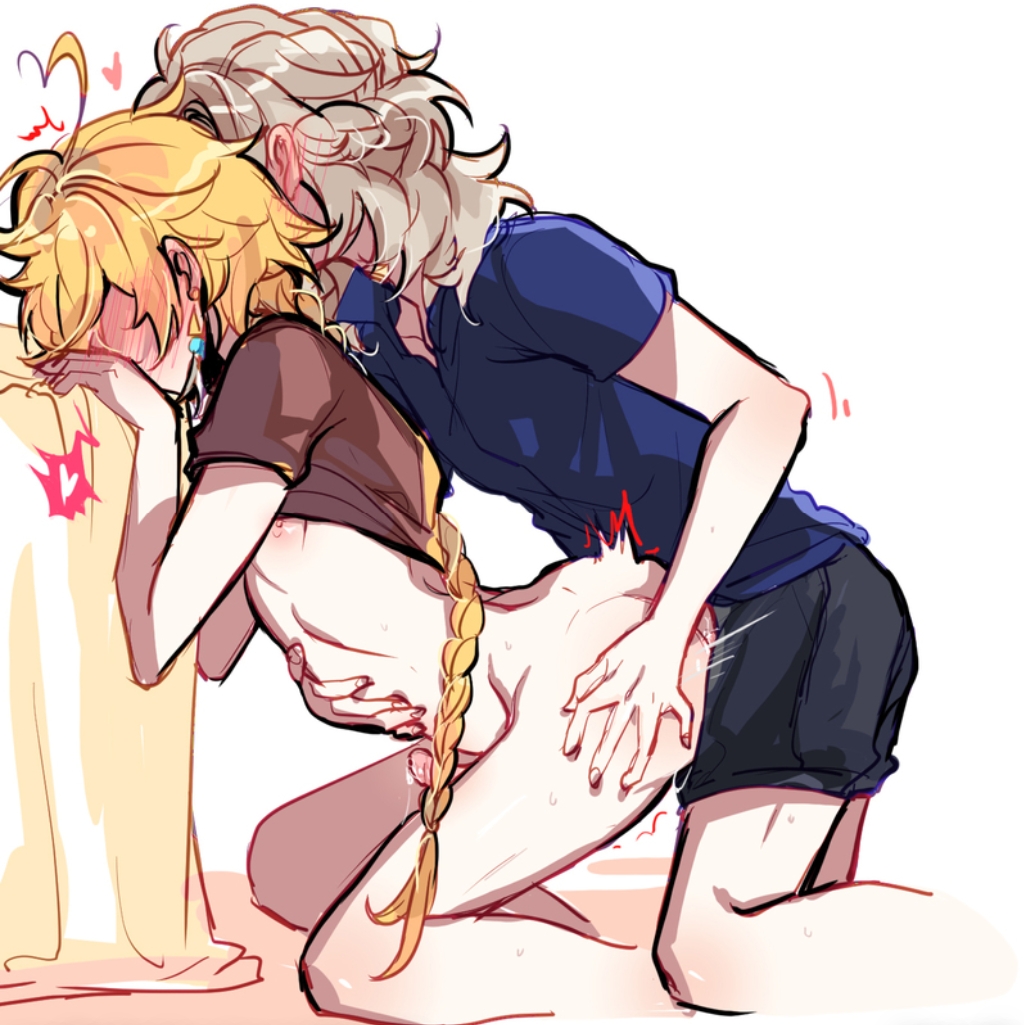 2boys, aether (genshin impact), albedo (genshin impact), anal, anal sex, blonde hair, genshin impact, hoyoverse, male, male focus, male only, mihoyo, white background, white hair, yaoi
