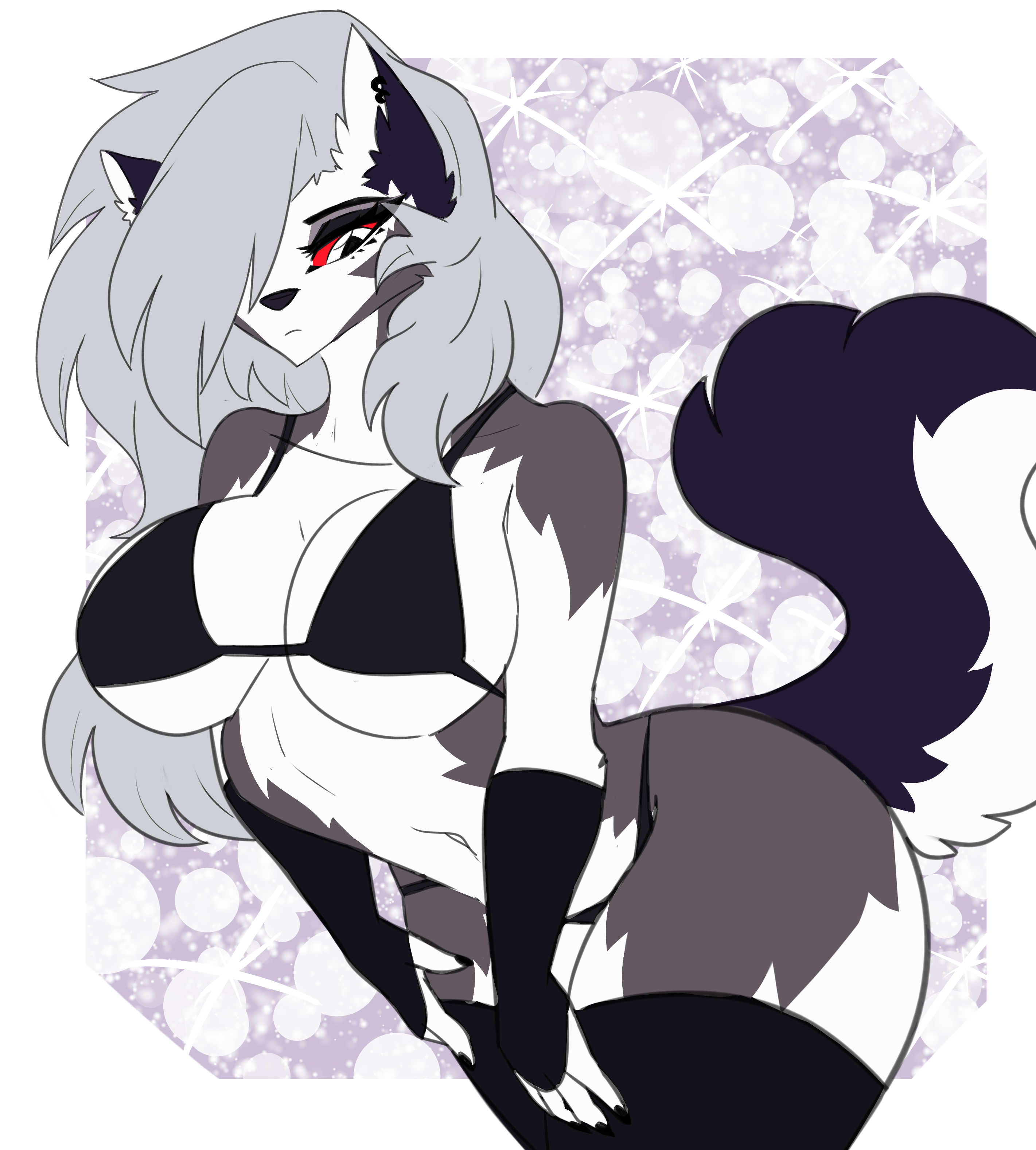 absurd res, anthro, ass, bedroom eyes, big ass, big breasts, big butt, bikini, bikini top, bra, breasts, breasts squish, canid, canid demon, canine, canis, clothing, demon, digital drawing (artwork), digital media (artwork), digital painting (artwork), ear piercing, ear ring, ears up, eyelashes, female, fingerless gloves, fluffy, fluffy tail, fur, fur markings, gloves, hair, hands on legs, handwear, hellhound, helluva boss, hi res, james andromeda, lingerie, long hair, looking at viewer, loona (helluva boss), mammal, markings, narrowed eyes, piercing, pinup, pose, red eyes, ring piercing, seductive, sketch, squish, swimwear, tail, thick thighs, underwear, wide hips, wolf