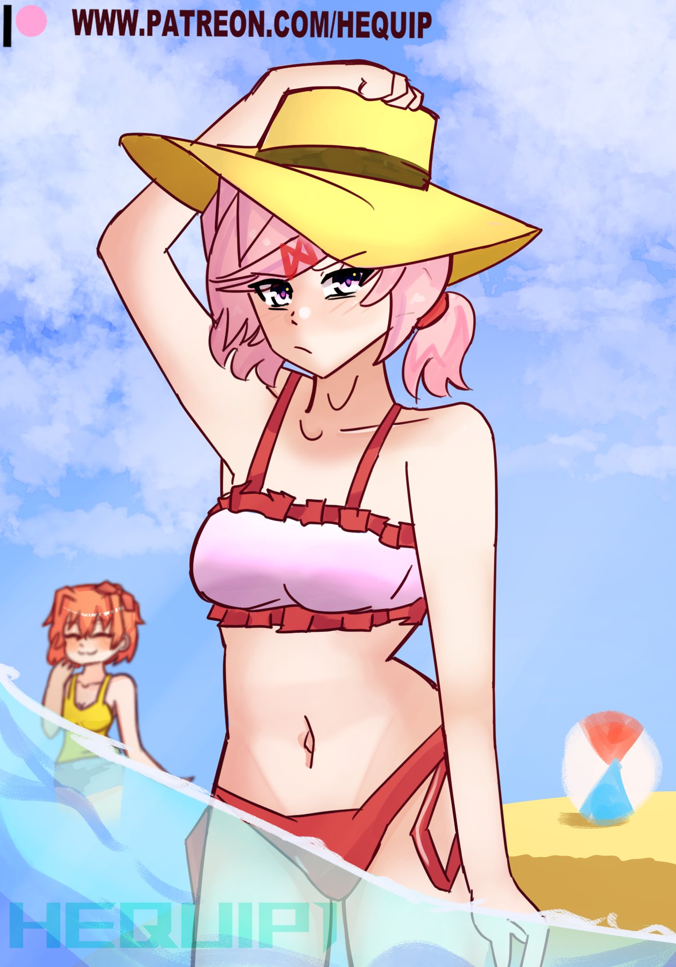 2girls ball bare_shoulders beach beach_ball beachball bikini bikini_bottom bikini_top bow cleavage closed_eyes closed_mouth collarbone doki_doki_literature_club eyes_closed female female_only hair_bow hairbow hat headwear hequip1 in_water mouth_closed multiple_girls natsuki_(doki_doki_literature_club) navel patreon_url patreon_username pink_eyes pink_hair red_bikini red_bikini_bottom red_bow red_hair_bow red_hairbow sand sayori_(doki_doki_literature_club) shorts sky solo_focus strawberry_blonde_hair two-tone_bikini two_tone_bikini url water white_bikini_top