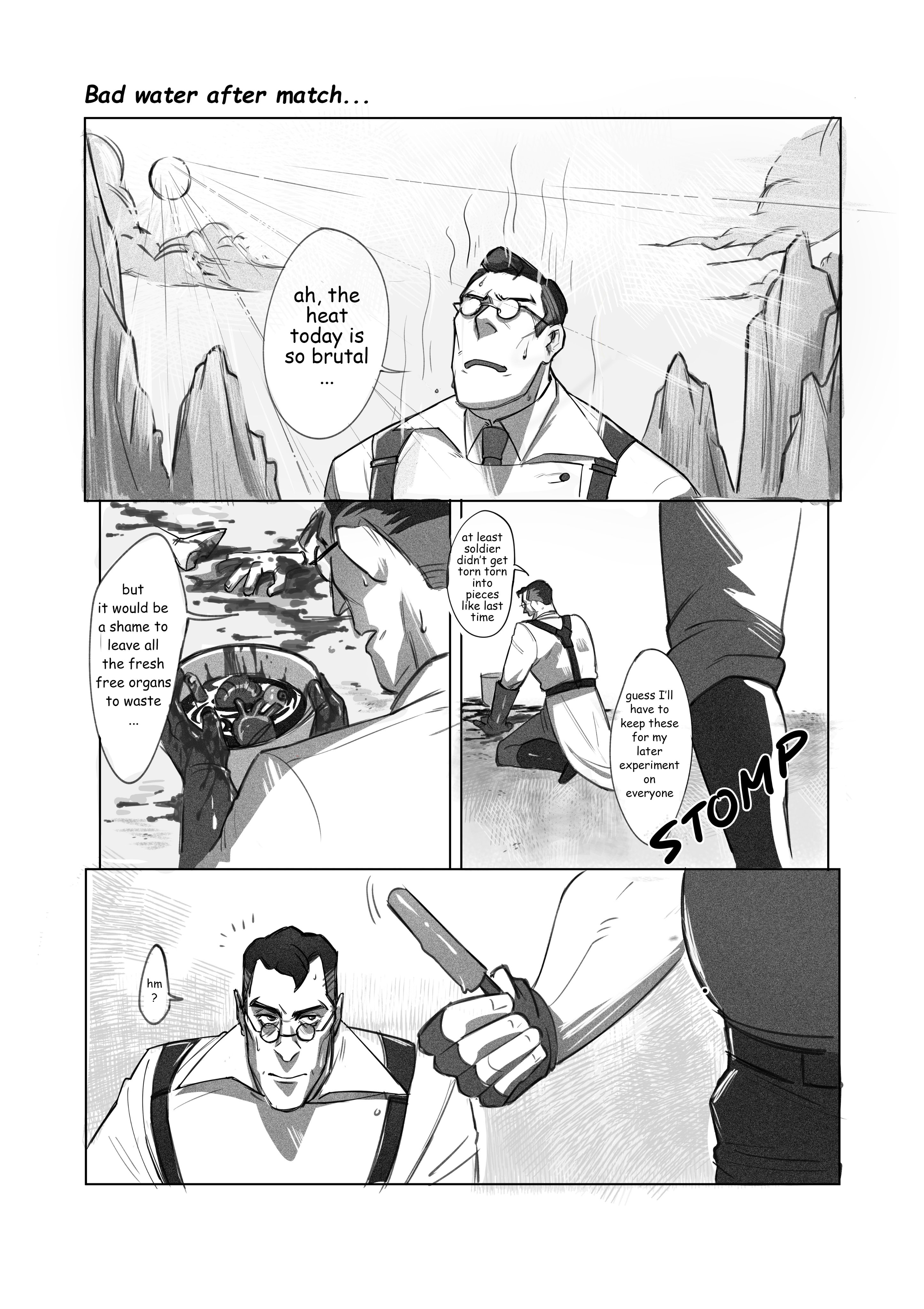 adorable, adorable face, black and white, blood, bucket, canon couple, comic, cute, cute expression, cute eyes, cute face, cute male, egabbacc, heavy (team fortress 2), heavy weapons guy, love, lovers, loving couple, male, medic (team fortress 2), milk strawberry popsicle (egabbacc), organs, page 1, popsicle, team fortress 2, wholesome