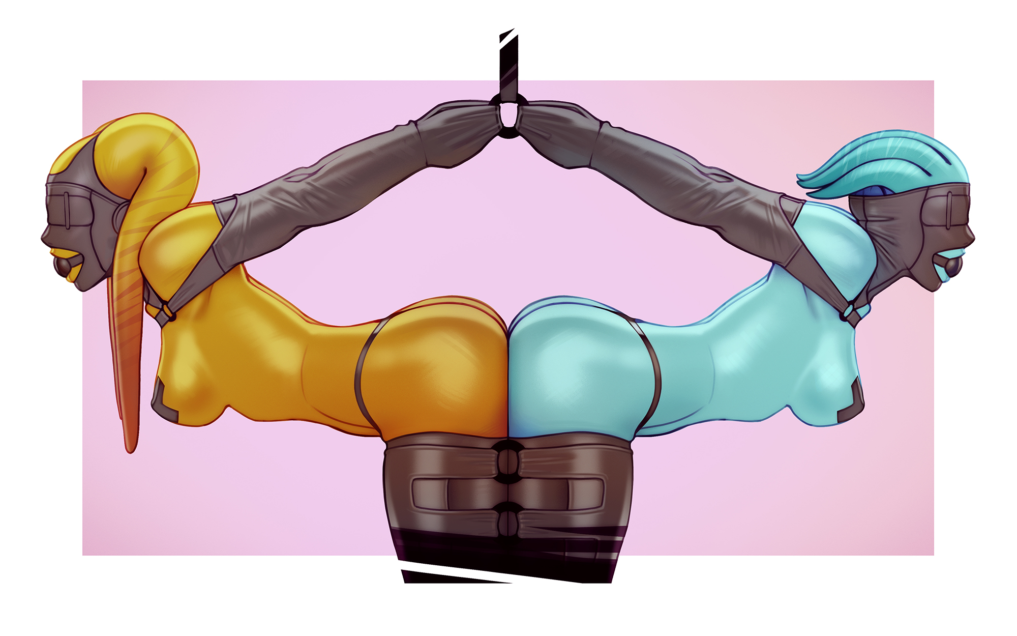 2girls, alien, alien girl, armbinder, arms behind back, asari, ass to ass, ball gag, blindfold, blue body, blue skin, bondage, bondage hood, bound together, breasts, crossover, female, femsub, gag, gagged, green body, green skin, leather bondage, mass effect, multiple females, multiple girls, multiple subs, nipple tape, star wars, themaestronoob, twi'lek
