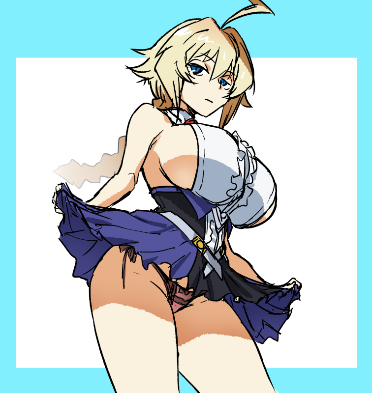 1girls ahemaru ahoge bare_legs blazblue blonde_hair blue_eyes braid breasts clothing es_(xblaze) expressionless female half-closed_eyes huge_breasts lifting_skirt looking_at_viewer panties sideboob simple_background solo thick_thighs thighs tied_hair upskirt xblaze