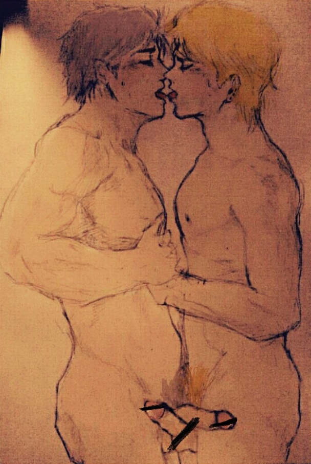 2boys dio_brando gay jojo's_bizarre_adventure jonathan_joestar kissing male male/male male_only nude_male phantom_blood traditional_media_(artwork) yaoi