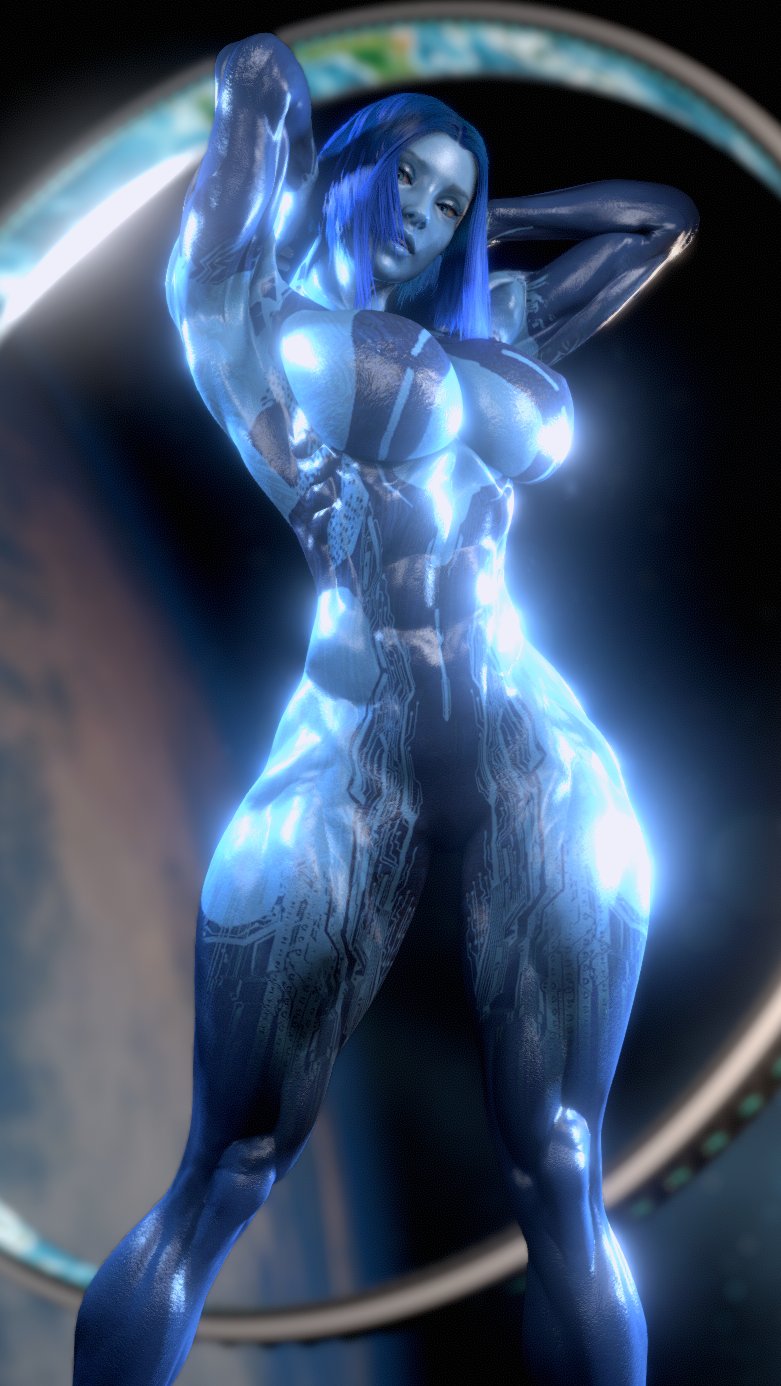 3d, abs, amazon, armpits, arms up, athletic, athletic female, big breasts, blue hair, breasts, cortana, female, gynoid, halo (series), looking at viewer, sevenarts, thesevenartsx, thick thighs, venus body